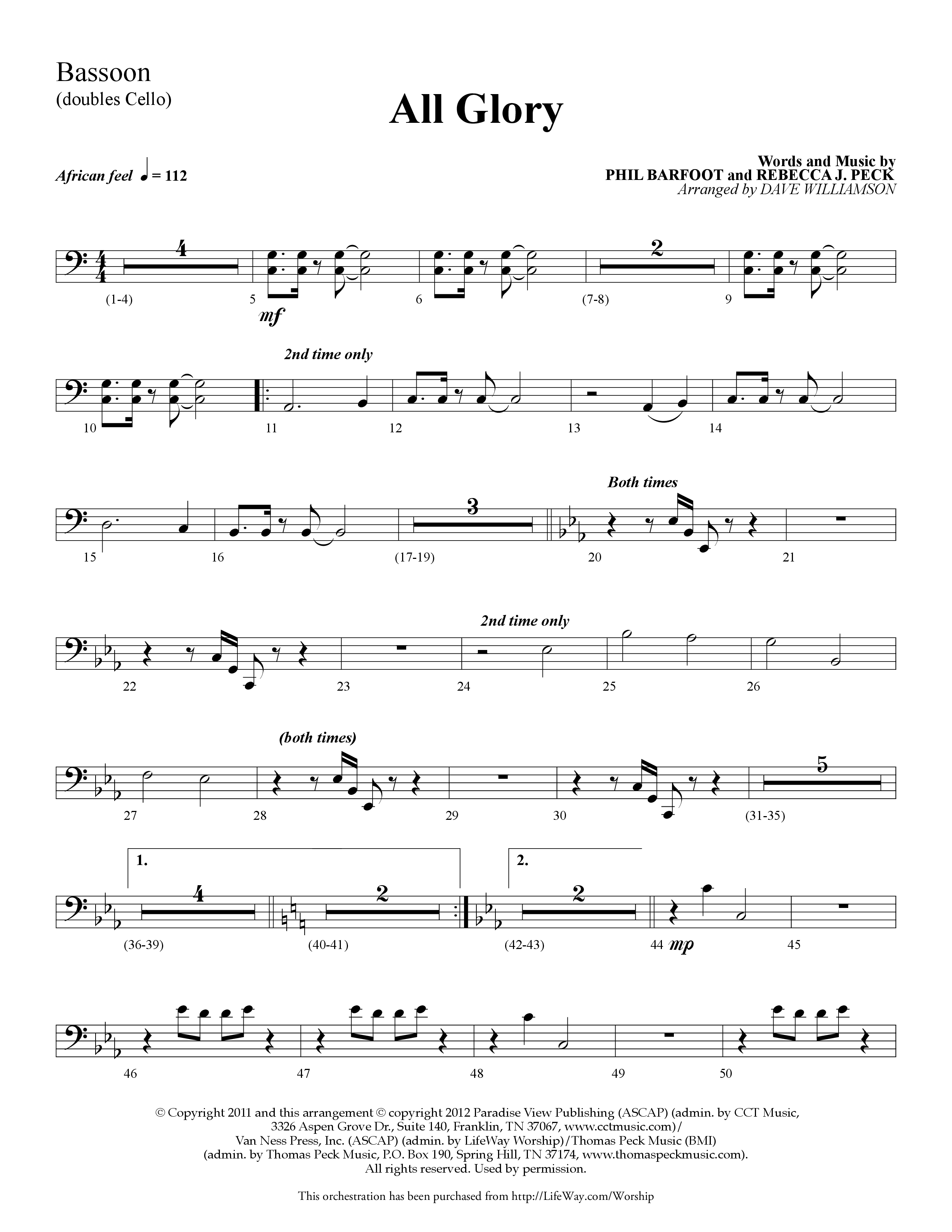 All Glory (Choral Anthem SATB) Bassoon (Lifeway Choral / Arr. Dave Williamson)