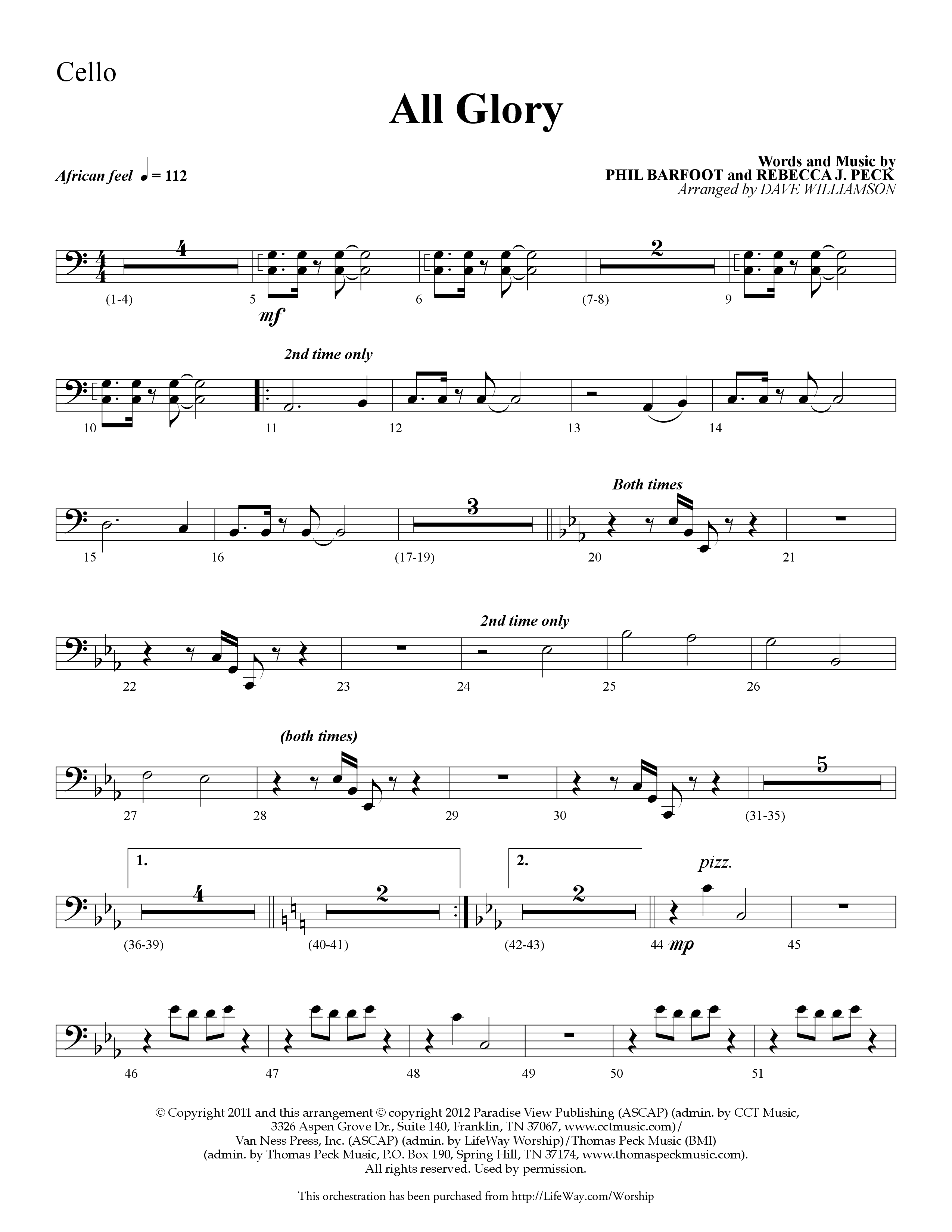 All Glory (Choral Anthem SATB) Cello (Lifeway Choral / Arr. Dave Williamson)