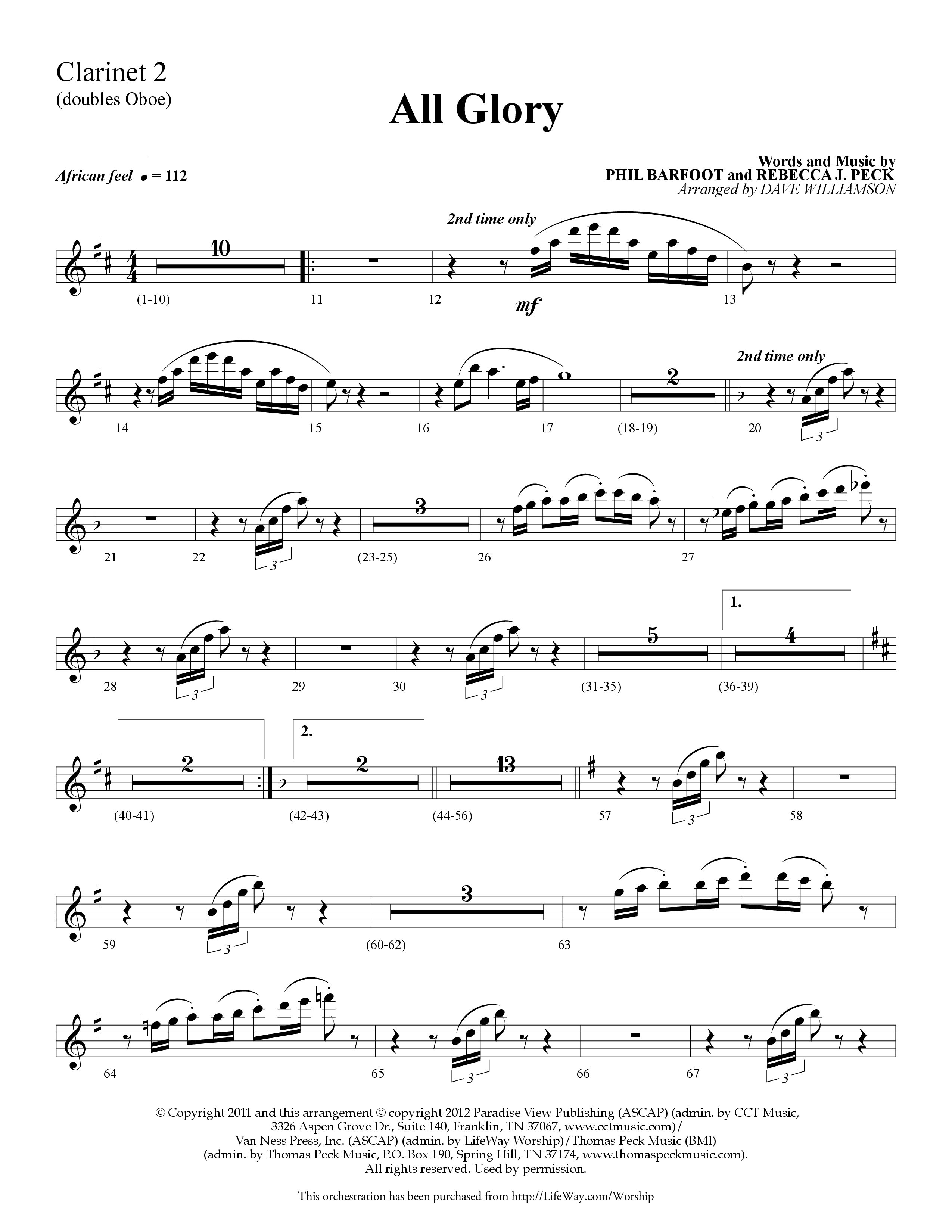 All Glory (Choral Anthem SATB) Clarinet 1/2 (Lifeway Choral / Arr. Dave Williamson)