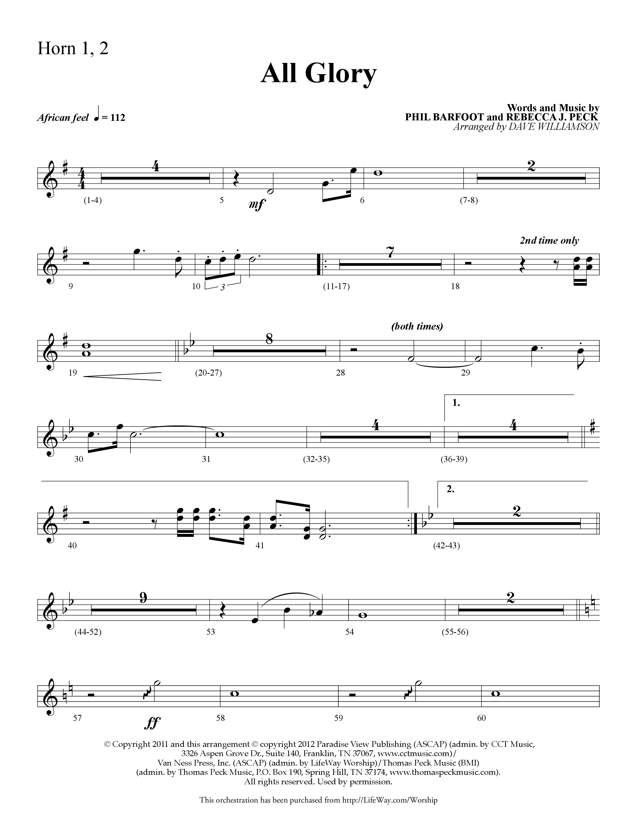 All Glory (Choral Anthem SATB) French Horn 1/2 (Lifeway Choral / Arr. Dave Williamson)