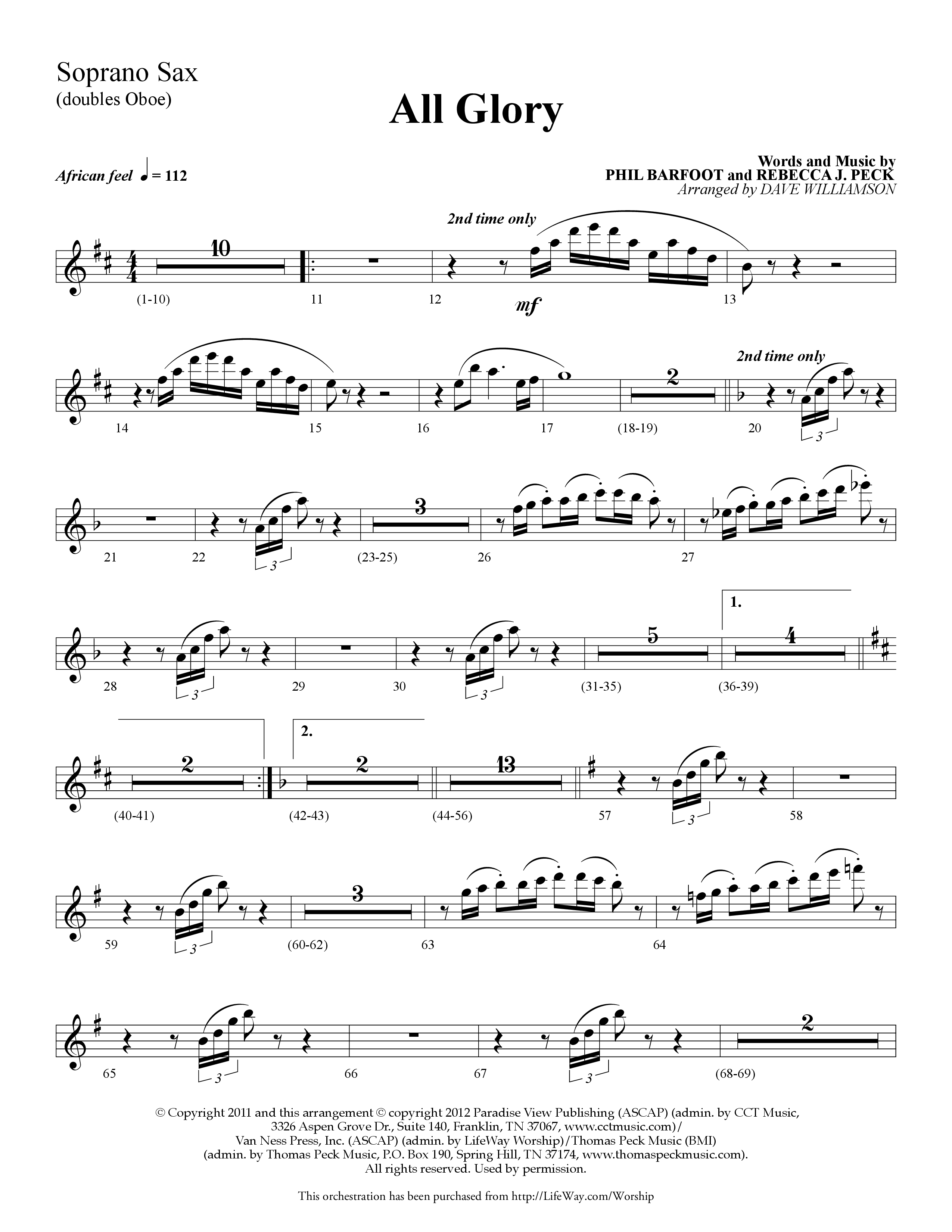 All Glory (Choral Anthem SATB) Soprano Sax (Lifeway Choral / Arr. Dave Williamson)