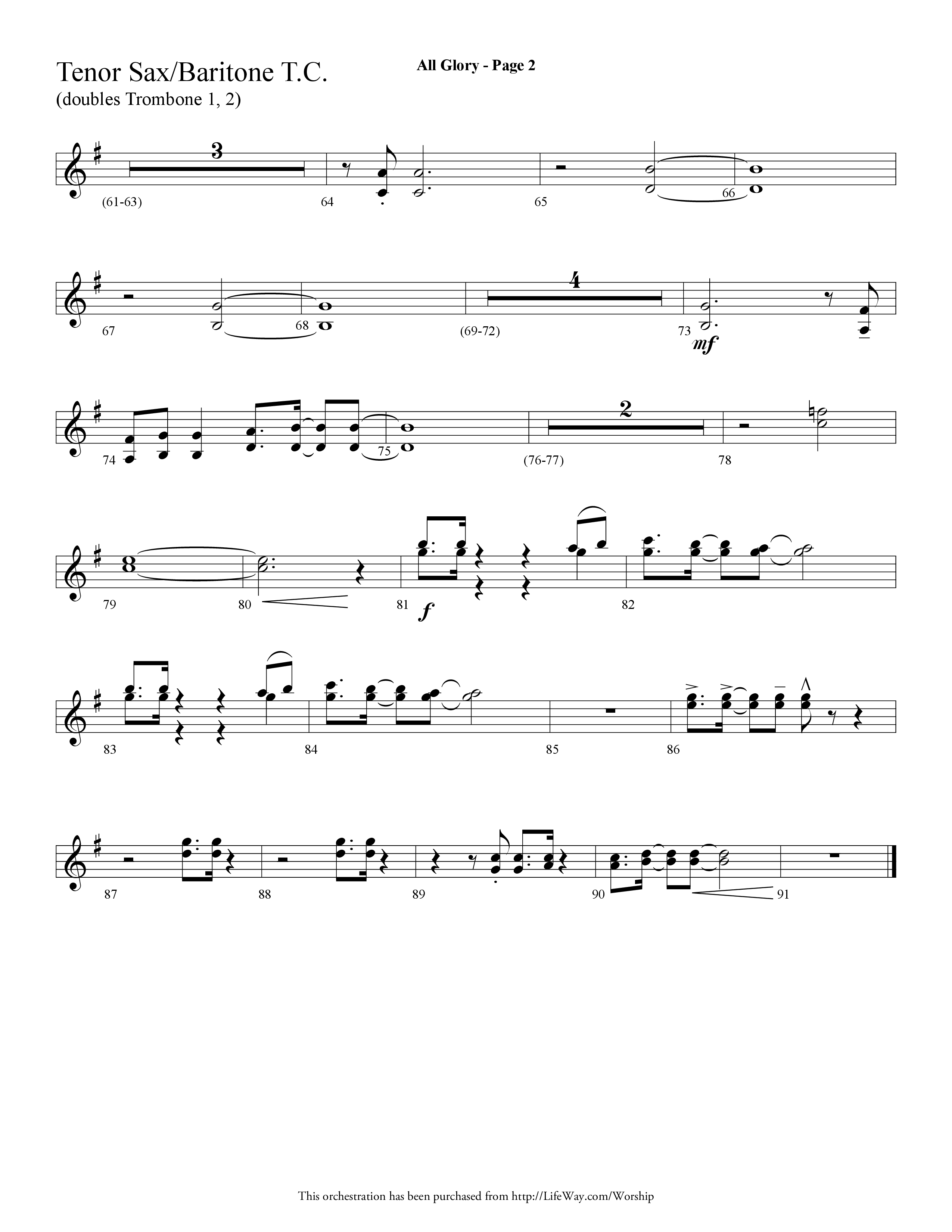 All Glory (Choral Anthem SATB) Tenor Sax/Baritone T.C. (Lifeway Choral / Arr. Dave Williamson)