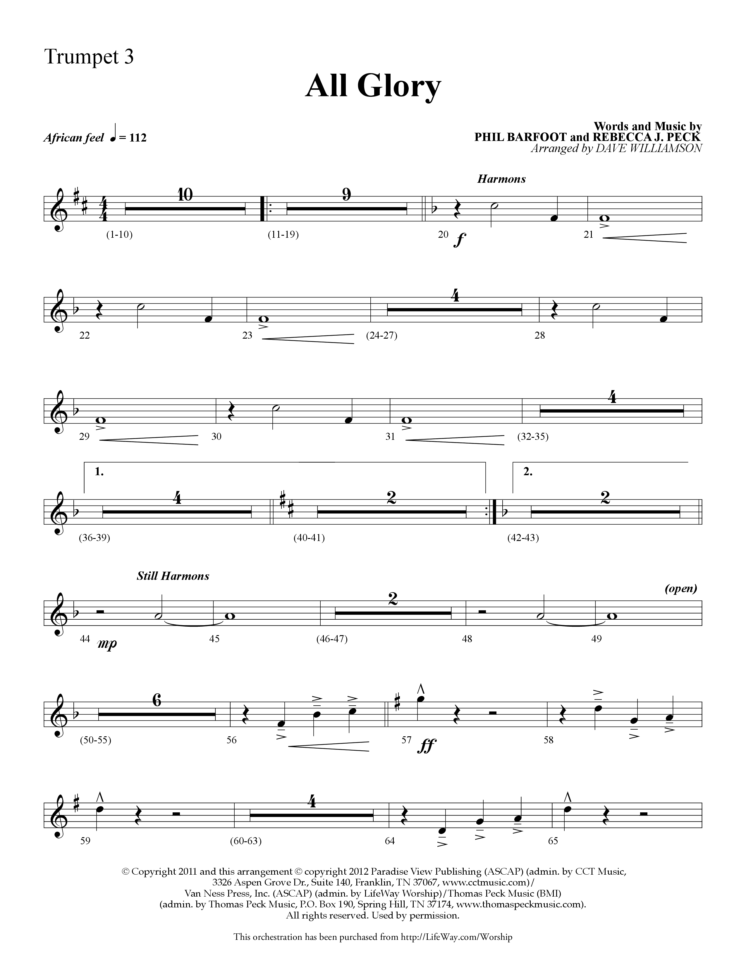 All Glory (Choral Anthem SATB) Trumpet 3 (Lifeway Choral / Arr. Dave Williamson)