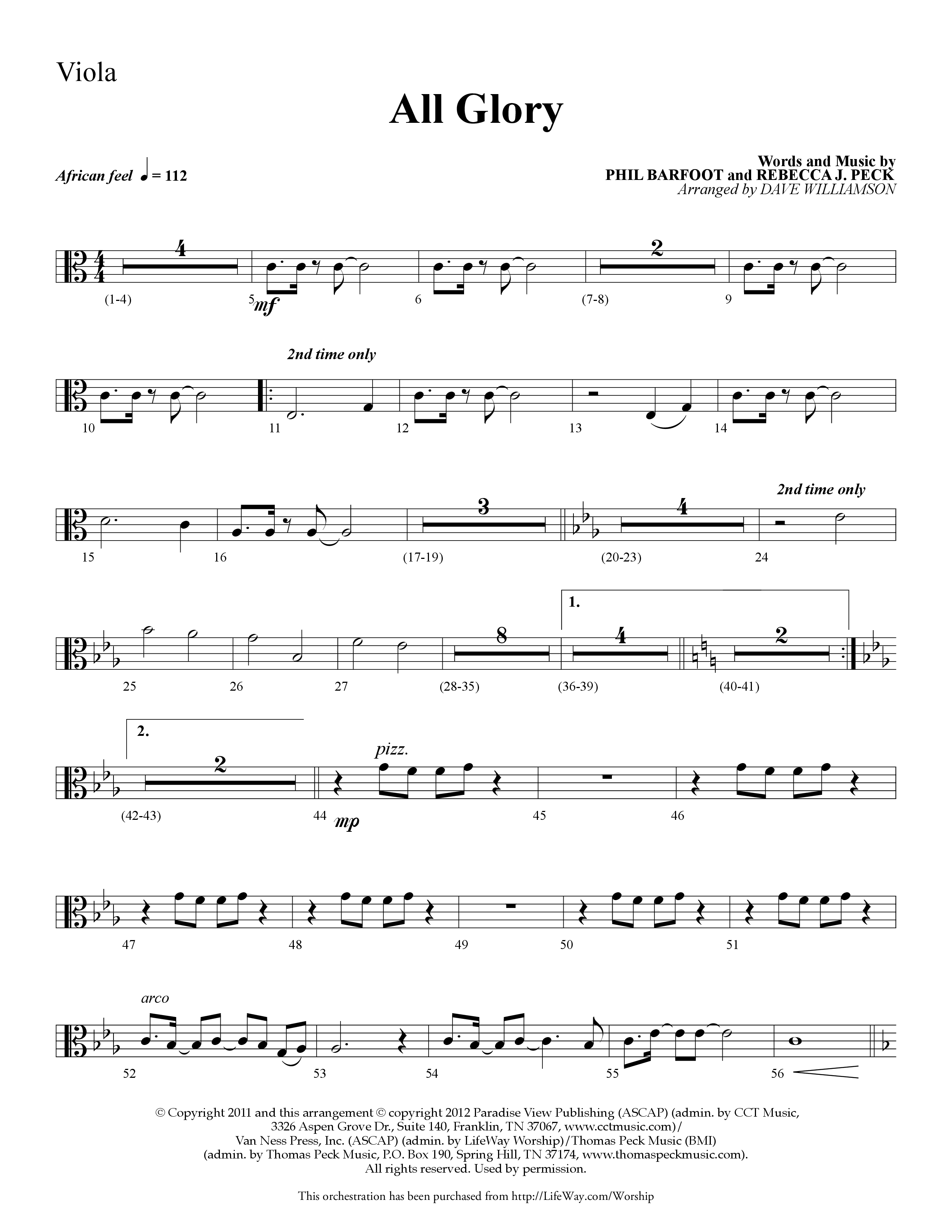 All Glory (Choral Anthem SATB) Viola (Lifeway Choral / Arr. Dave Williamson)