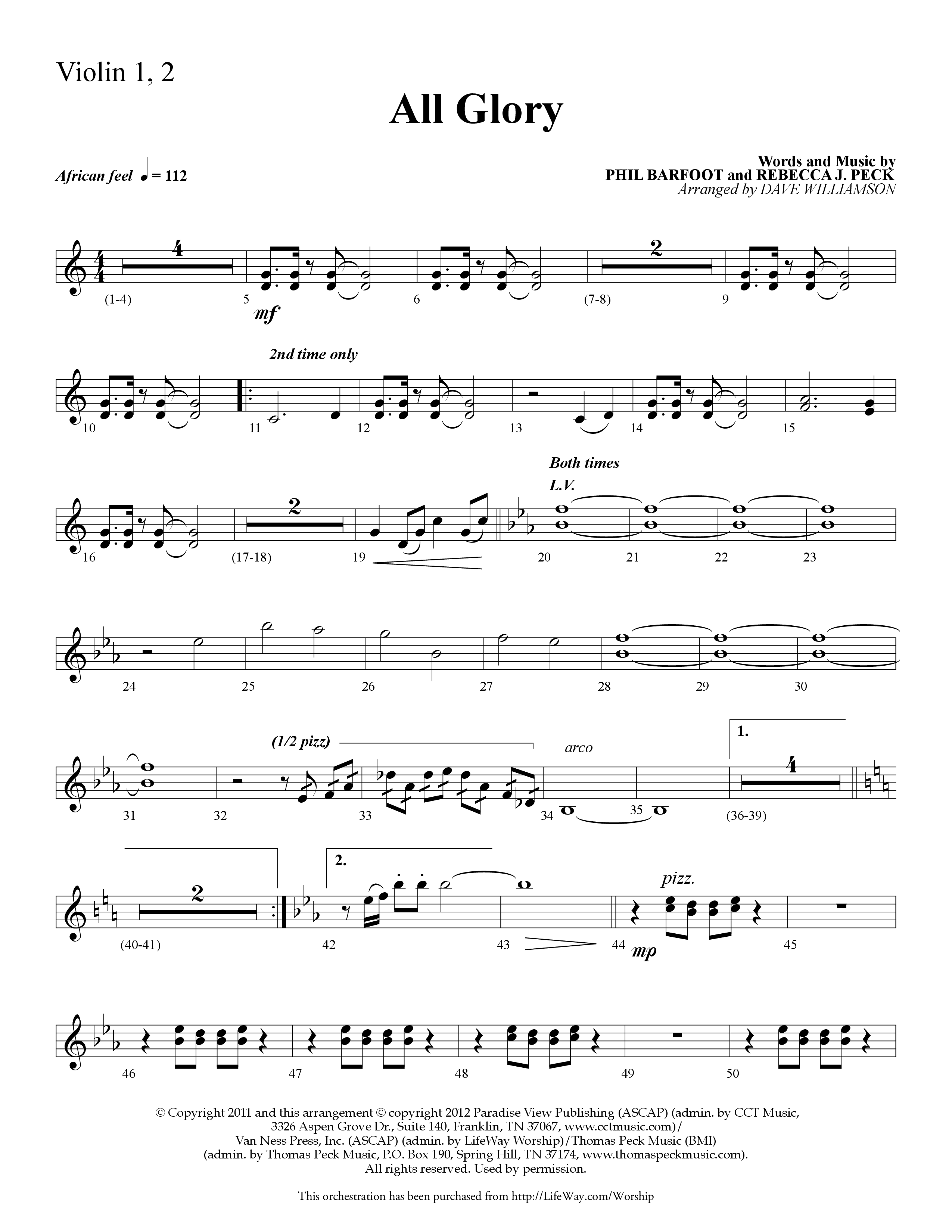 All Glory (Choral Anthem SATB) Violin 1/2 (Lifeway Choral / Arr. Dave Williamson)