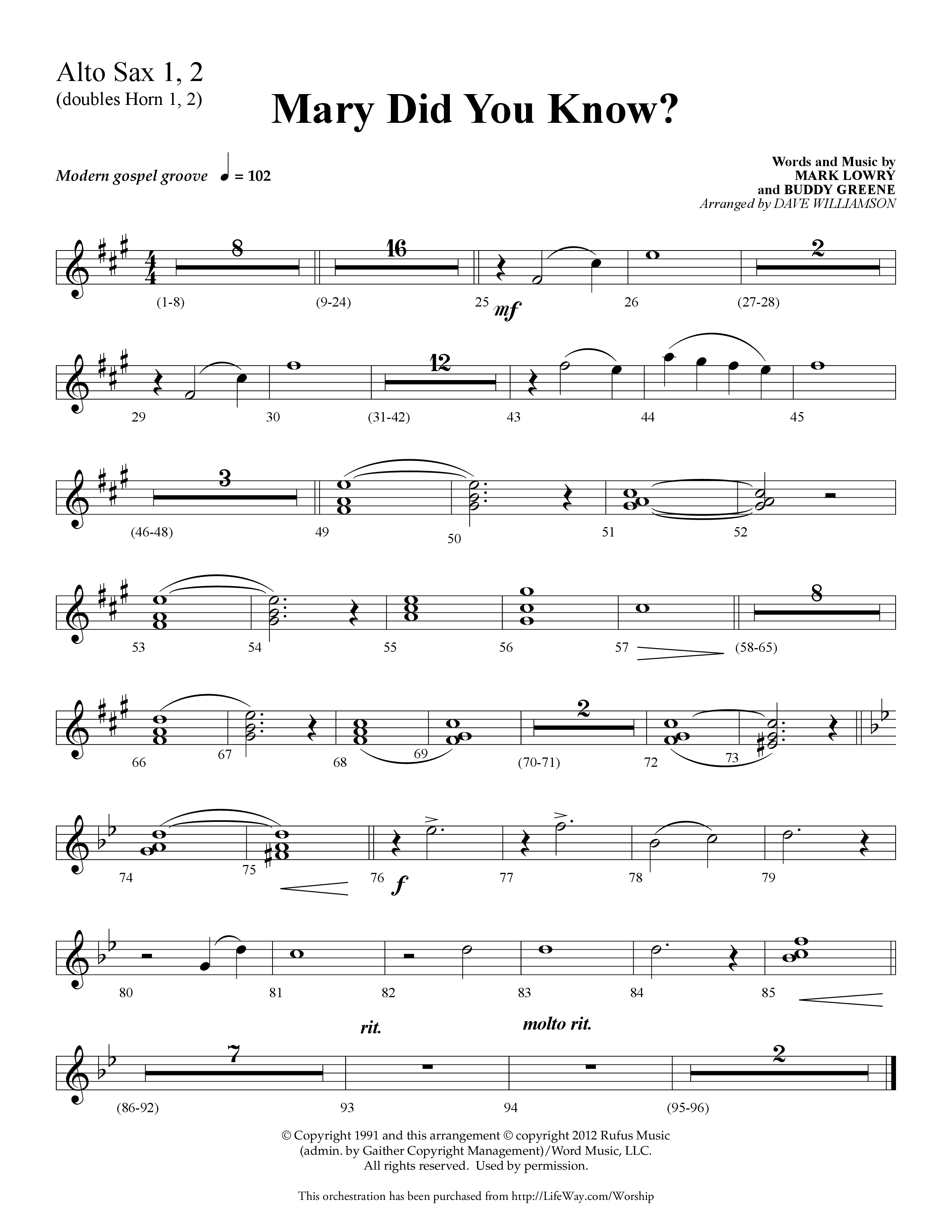 Mary Did You Know (Choral Anthem SATB) Alto Sax 1/2 (Lifeway Choral / Arr. Dave Williamson)