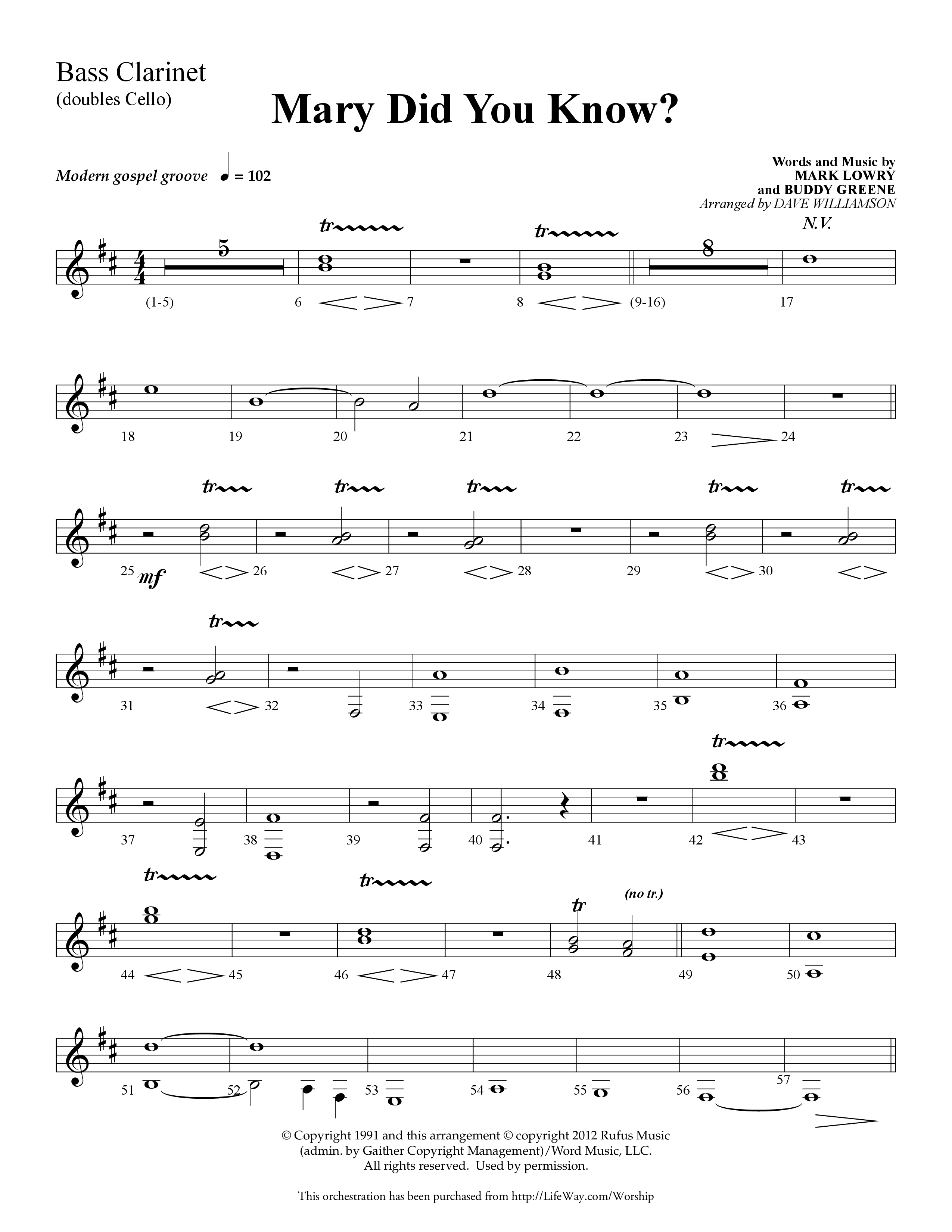Mary Did You Know (Choral Anthem SATB) Bass Clarinet (Lifeway Choral / Arr. Dave Williamson)