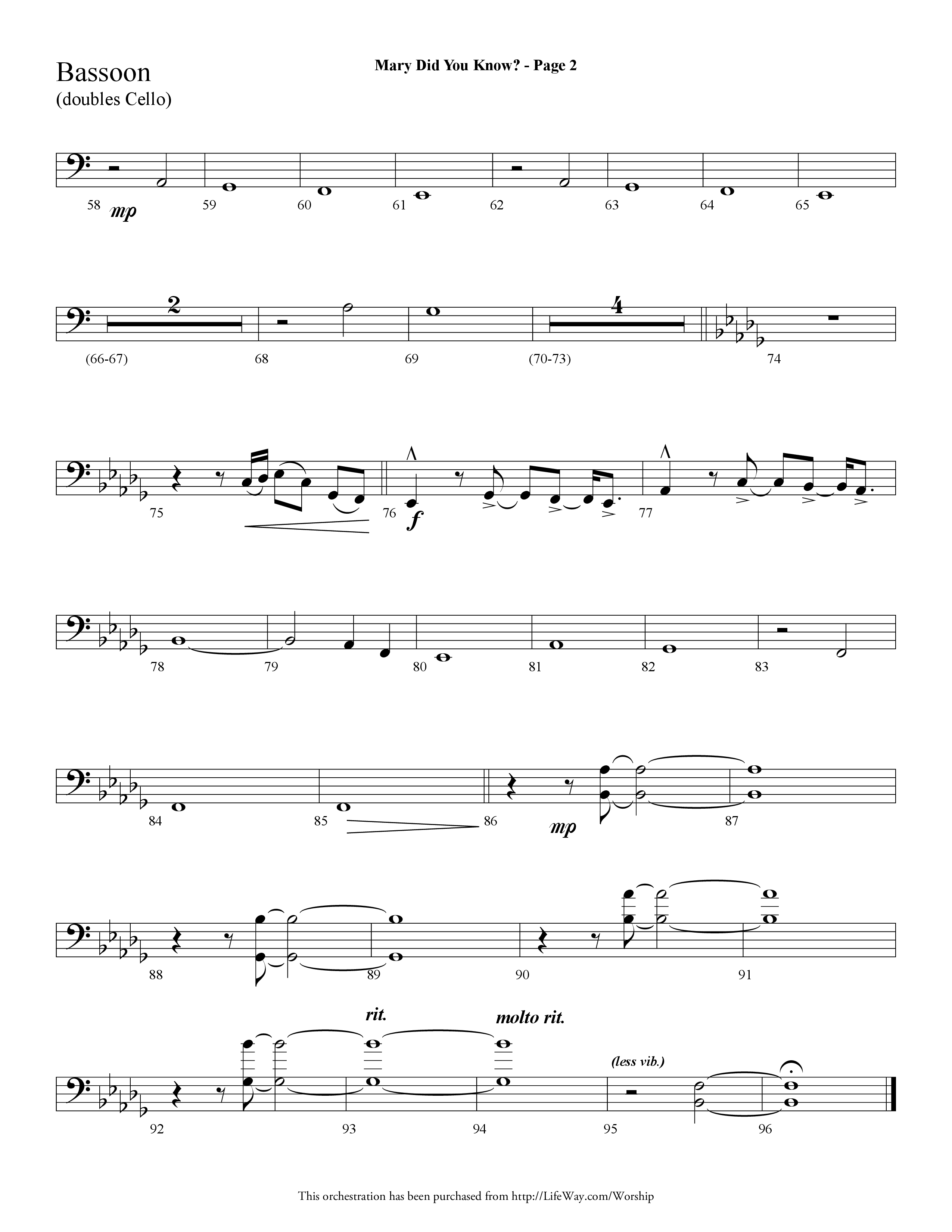 Mary Did You Know (Choral Anthem SATB) Bassoon (Lifeway Choral / Arr. Dave Williamson)