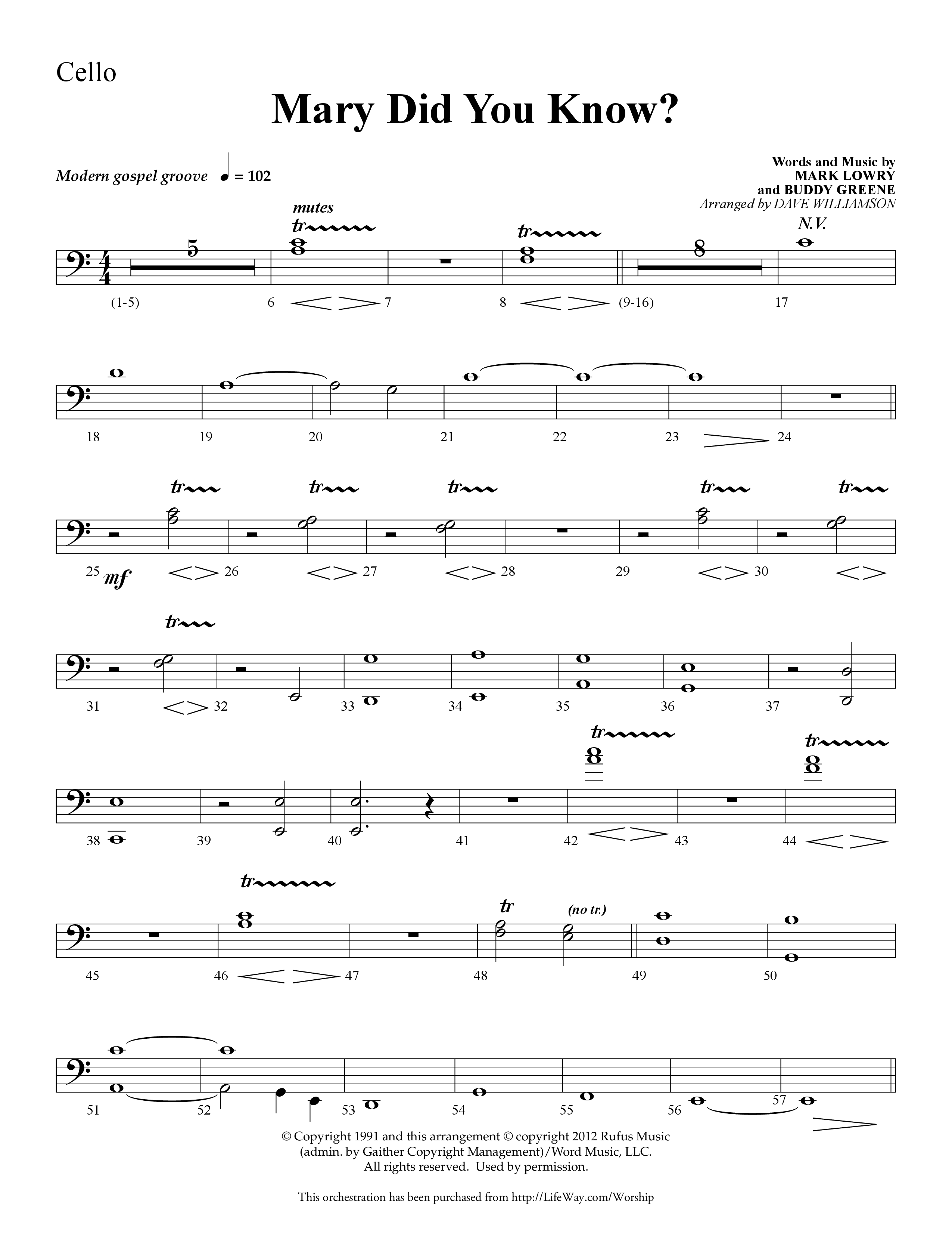 Mary Did You Know (Choral Anthem SATB) Cello (Lifeway Choral / Arr. Dave Williamson)