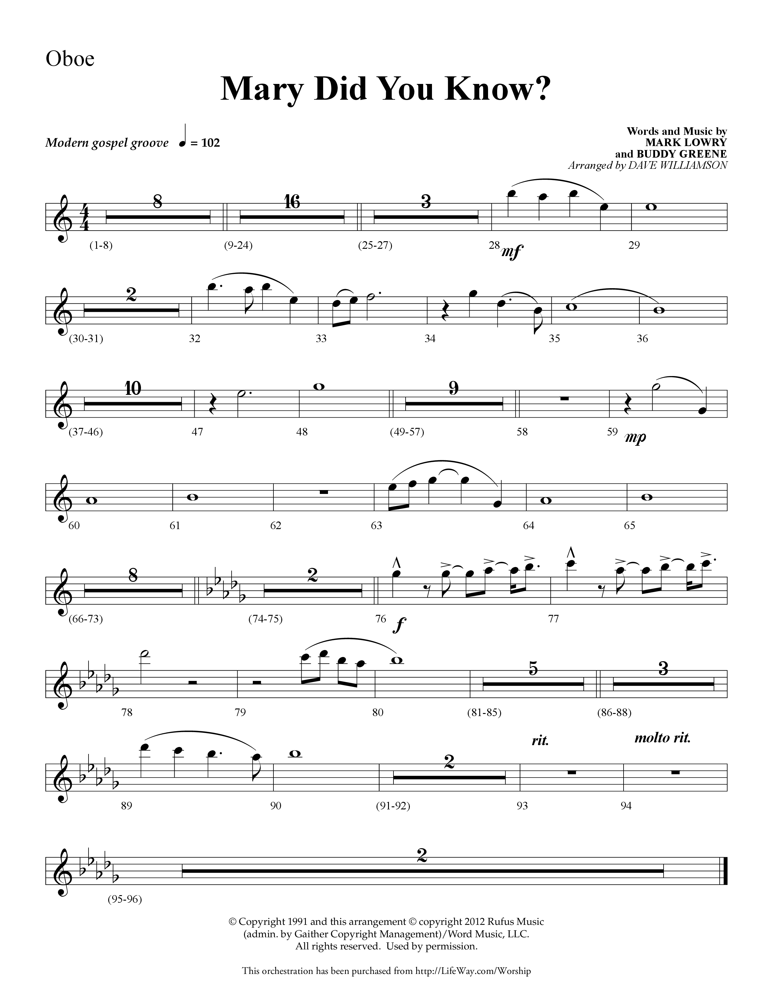 Mary Did You Know (Choral Anthem SATB) Oboe (Lifeway Choral / Arr. Dave Williamson)