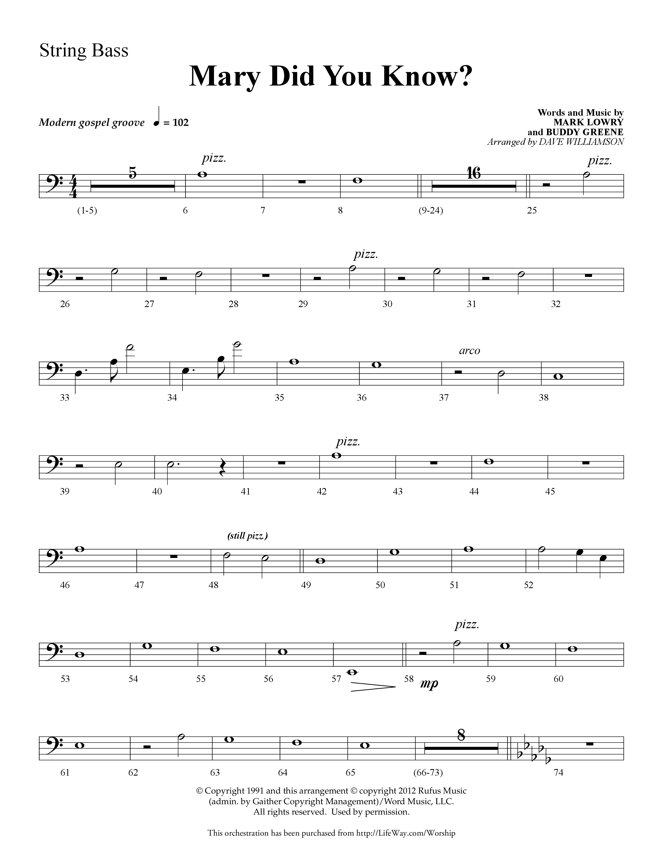 Mary Did You Know (Choral Anthem SATB) String Bass (Lifeway Choral / Arr. Dave Williamson)