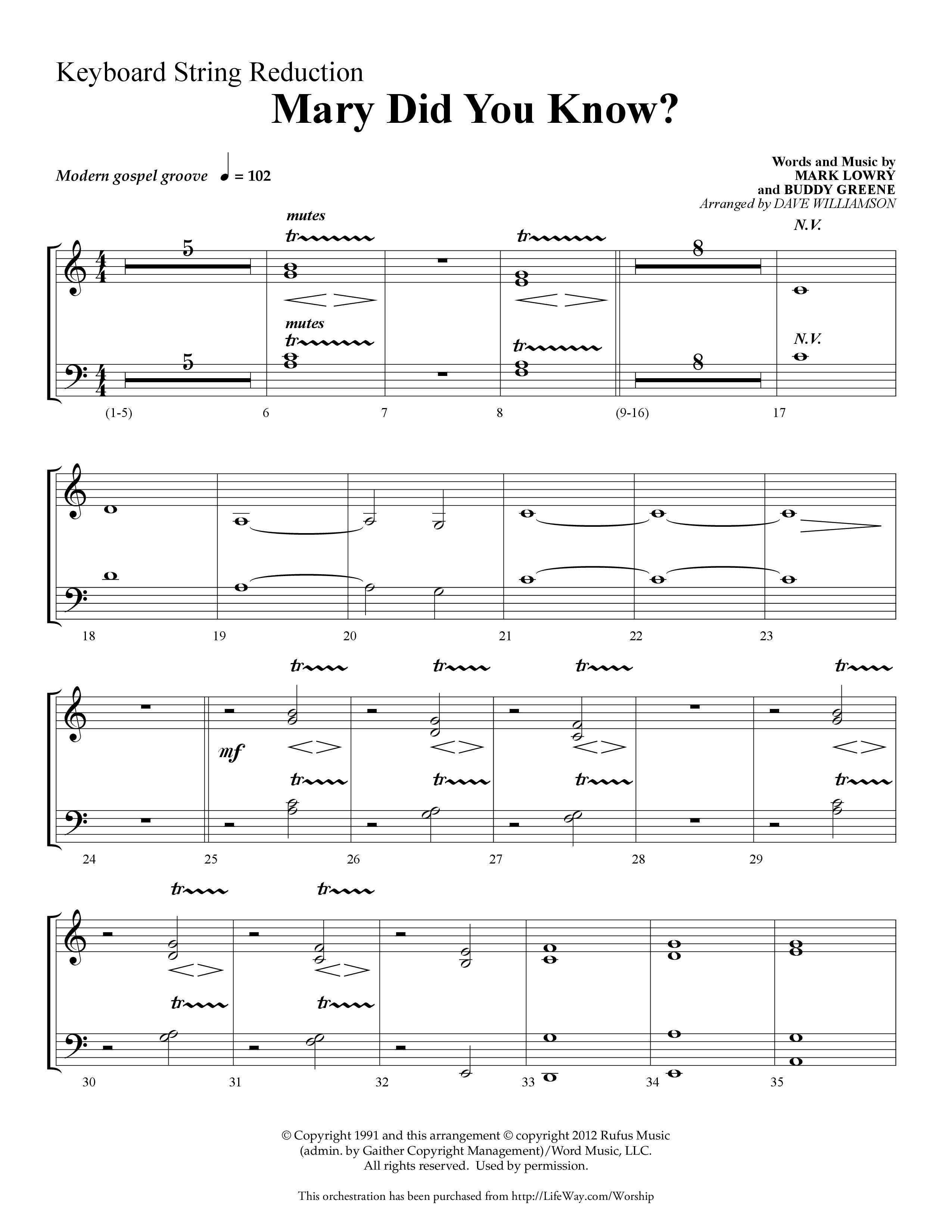 Mary Did You Know (Choral Anthem SATB) String Reduction (Lifeway Choral / Arr. Dave Williamson)