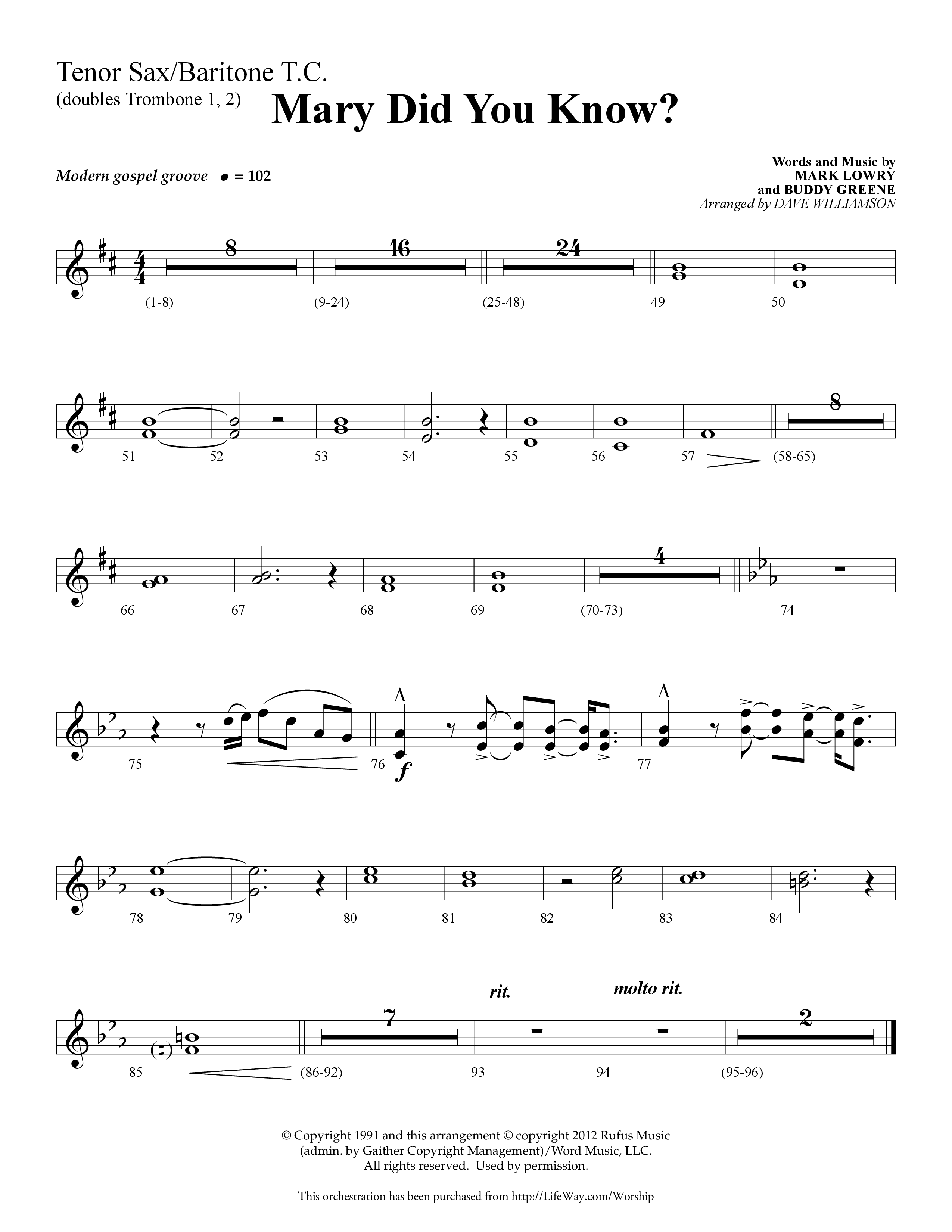 Mary Did You Know (Choral Anthem SATB) Tenor Sax/Baritone T.C. (Lifeway Choral / Arr. Dave Williamson)