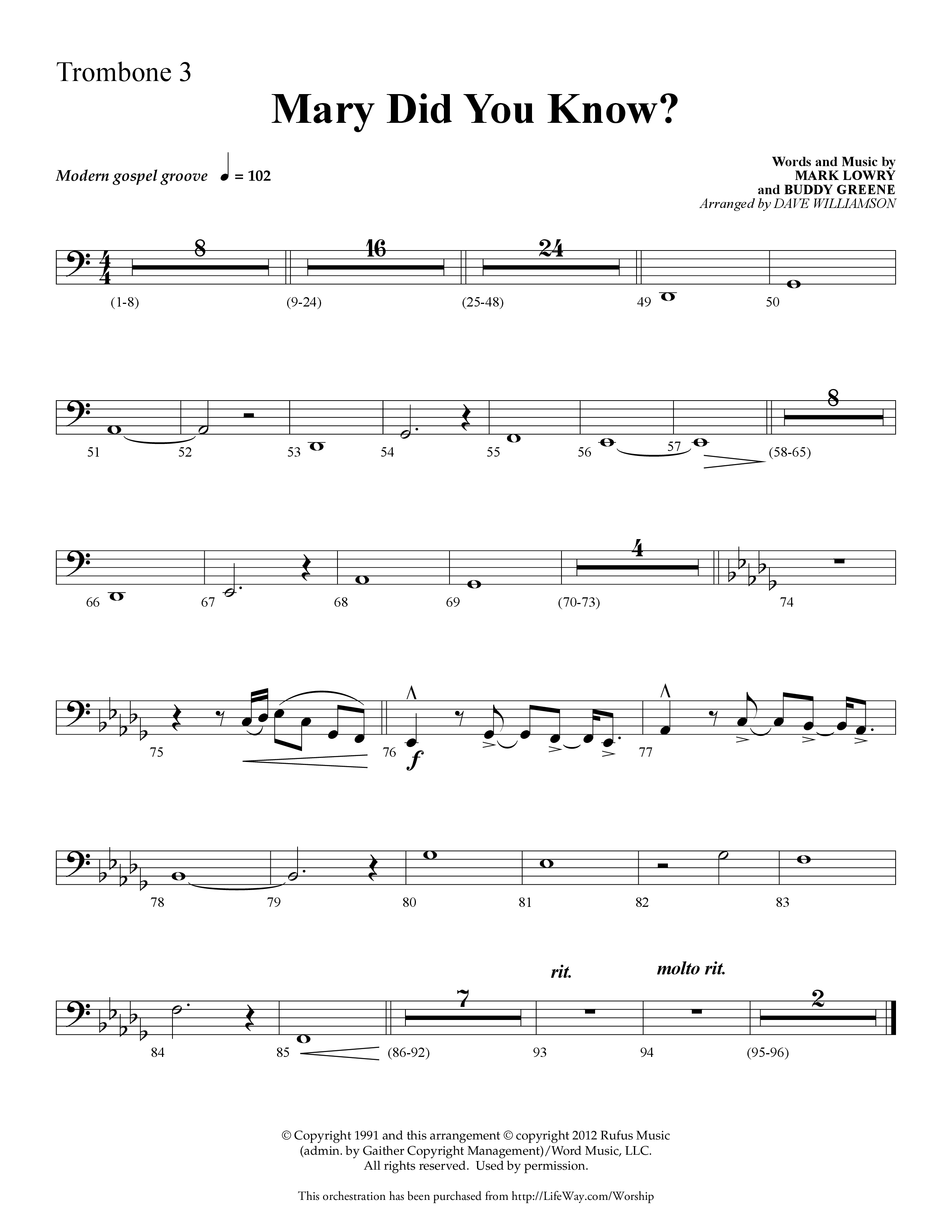 Mary Did You Know (Choral Anthem SATB) Trombone 3 (Lifeway Choral / Arr. Dave Williamson)