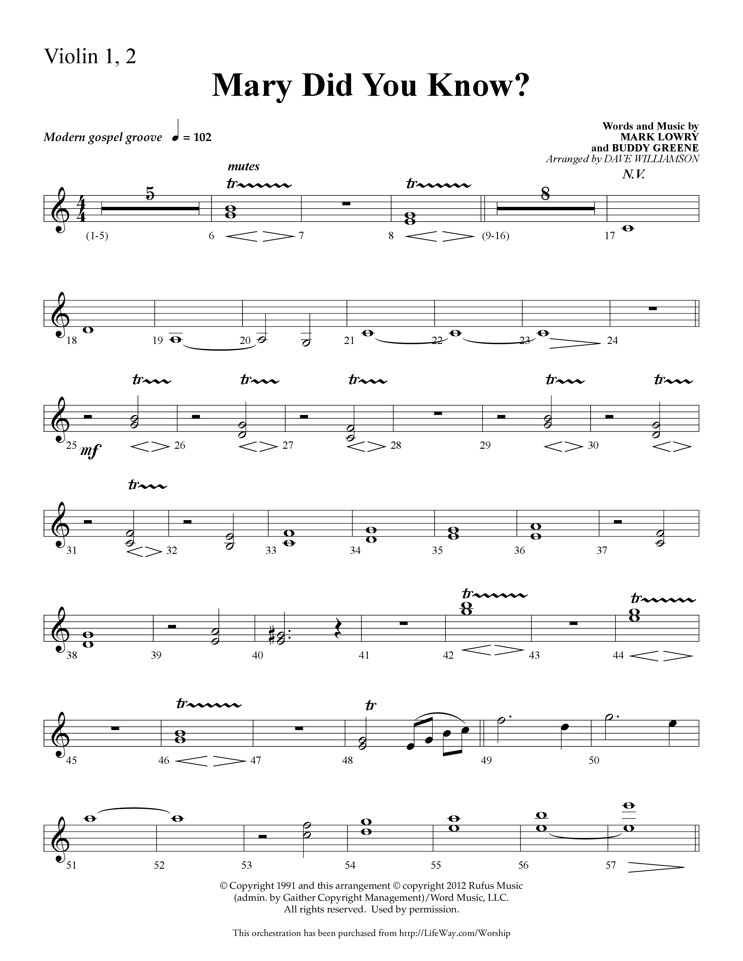 Mary Did You Know (Choral Anthem SATB) Violin 1/2 (Lifeway Choral / Arr. Dave Williamson)