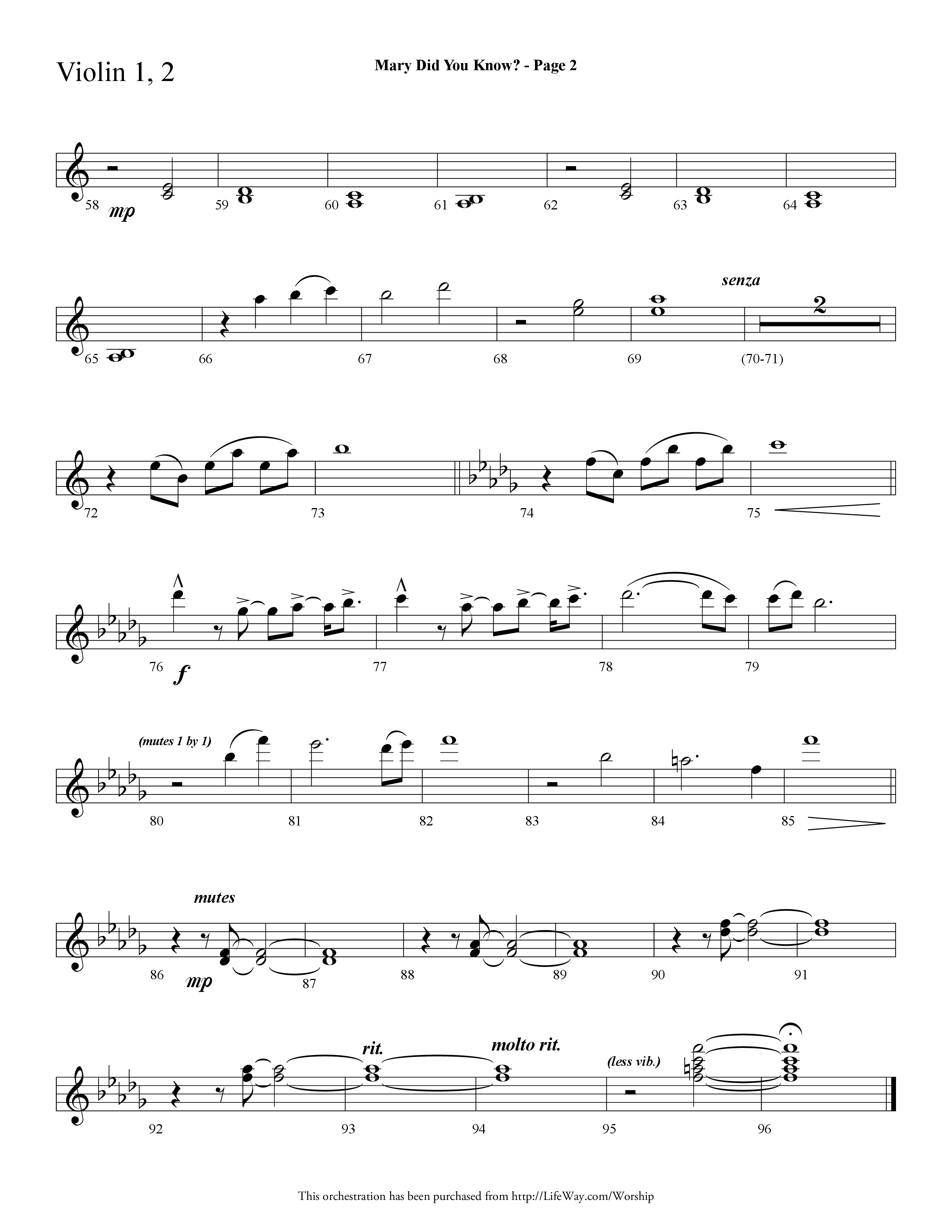 Mary Did You Know (Choral Anthem SATB) Violin 1/2 (Lifeway Choral / Arr. Dave Williamson)