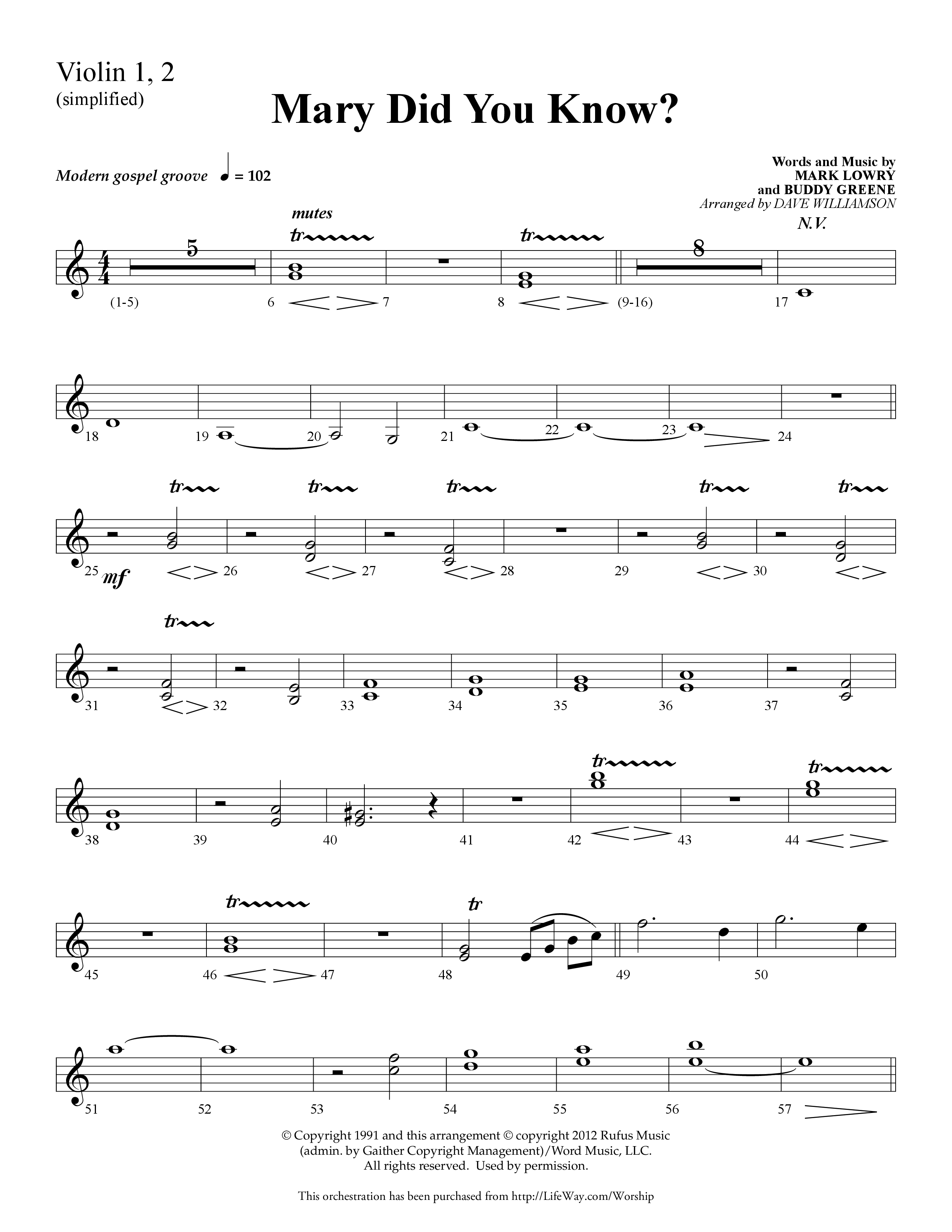 Mary Did You Know (Choral Anthem SATB) Violin 1/2 (Lifeway Choral / Arr. Dave Williamson)