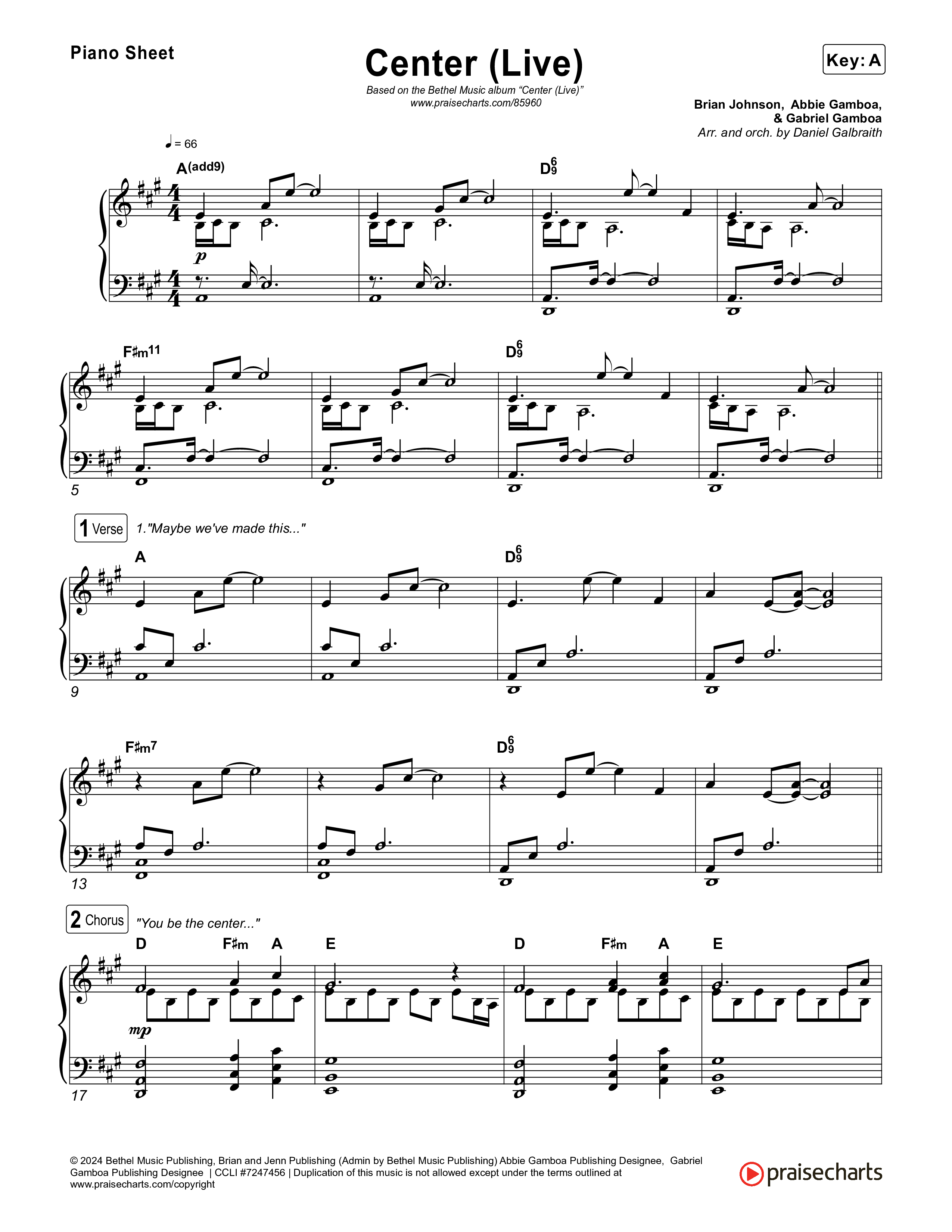 Center (Live) Piano Sheet (Bethel Music / Abbie Gamboa)