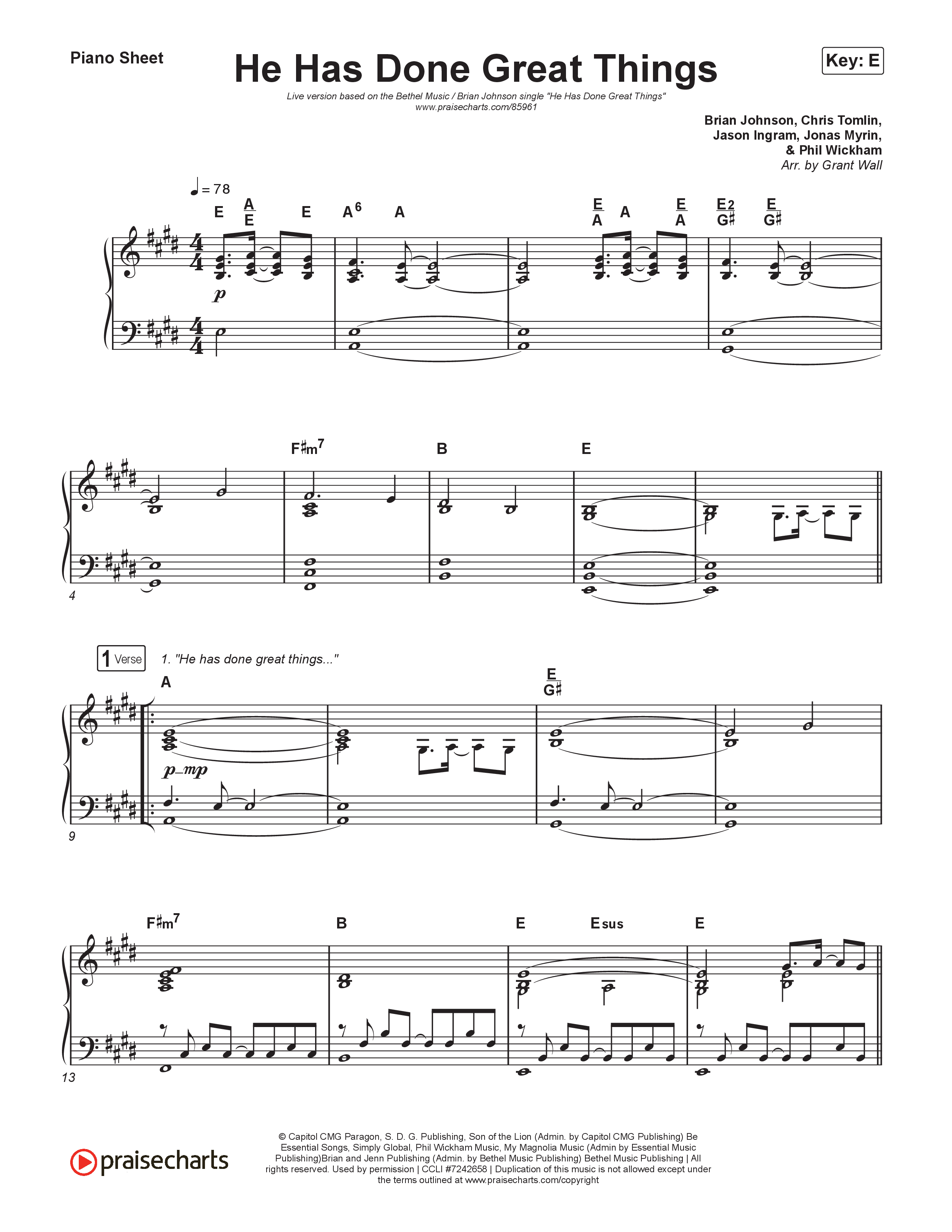 He Has Done Great Things (Live) Piano Sheet (Bethel Music / Brian Johnson)