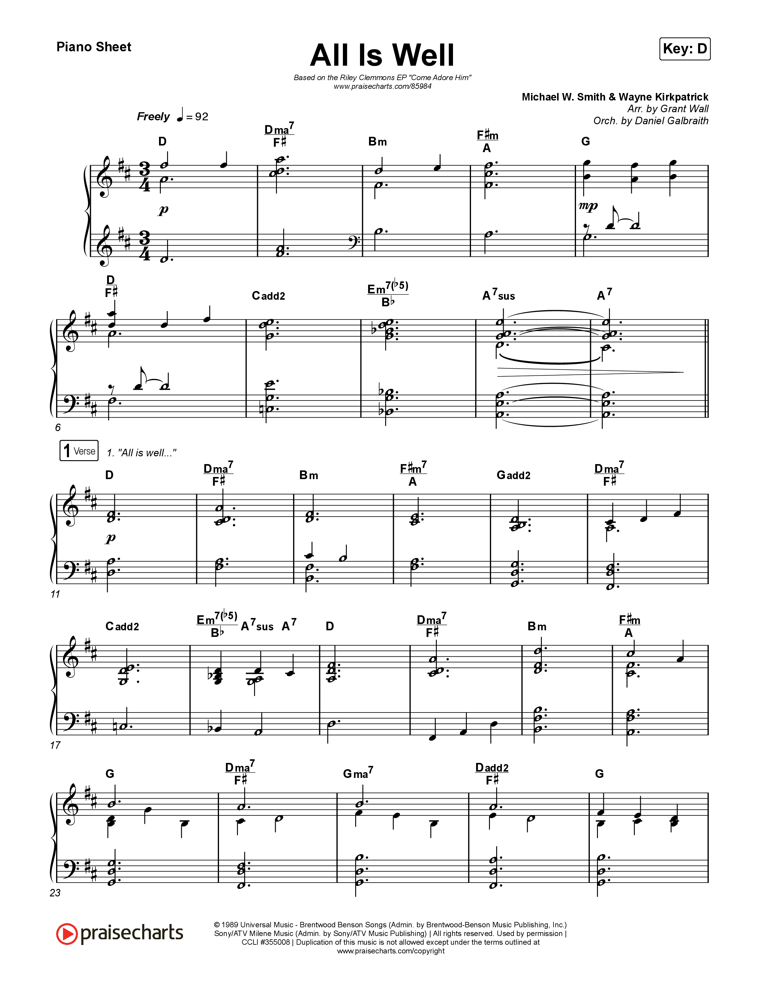 All Is Well Piano Sheet (Riley Clemmons / Michael W. Smith)