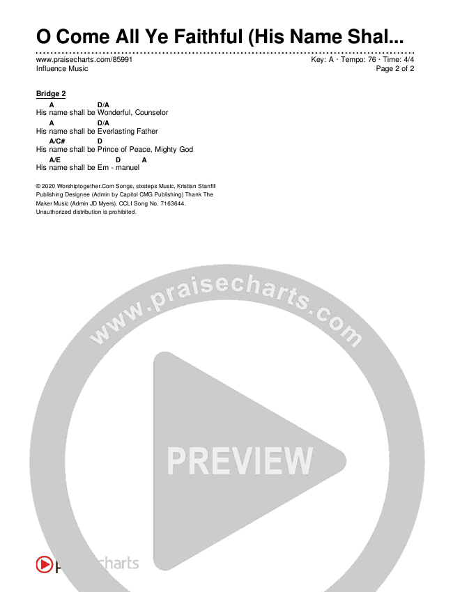 O Come All Ye Faithful (His Name Shall Be) Chords & Lyrics (Influence Music)