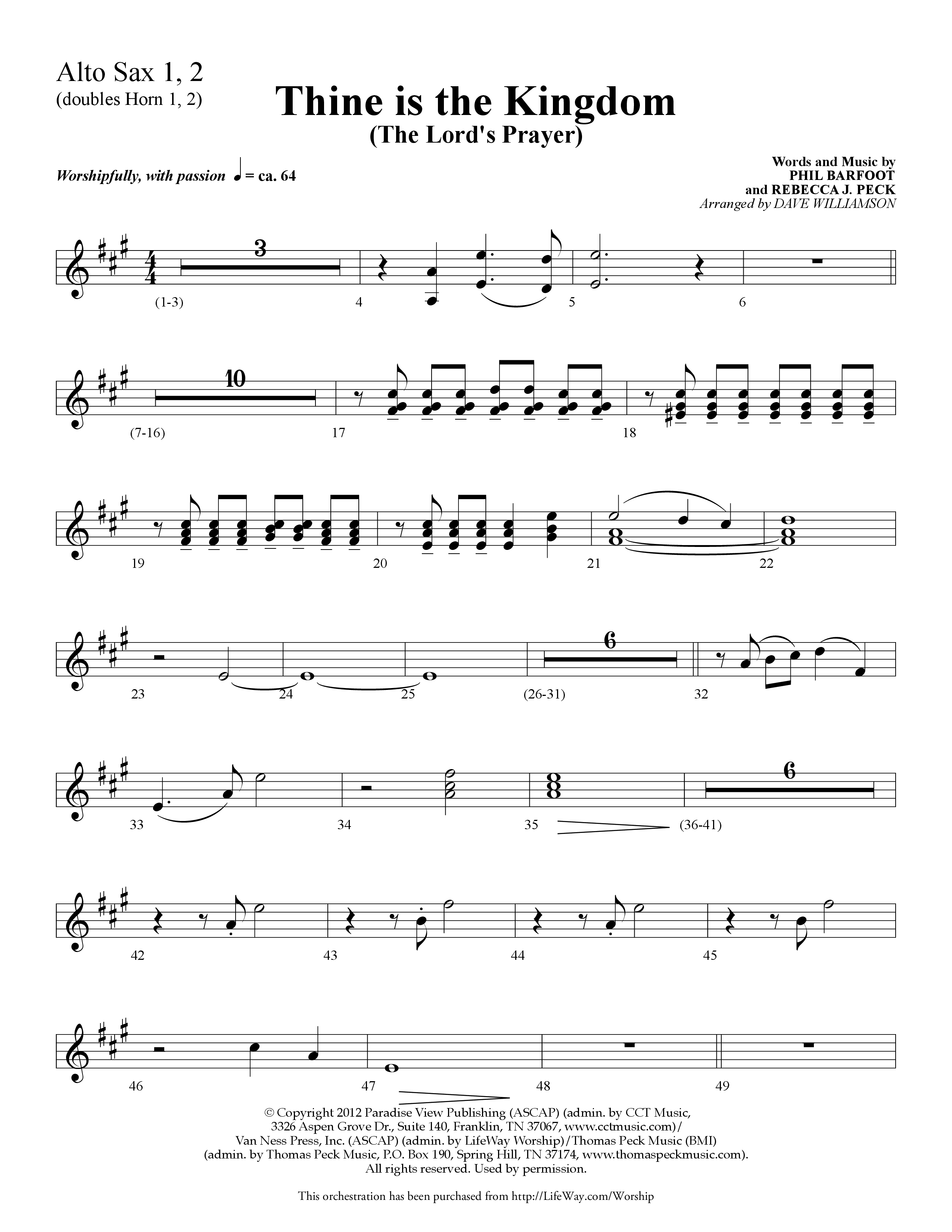 Thine is the Kingdom (The Lord's Prayer) (Choral Anthem SATB) Alto Sax 1/2 (Lifeway Choral / Arr. Dave Williamson)