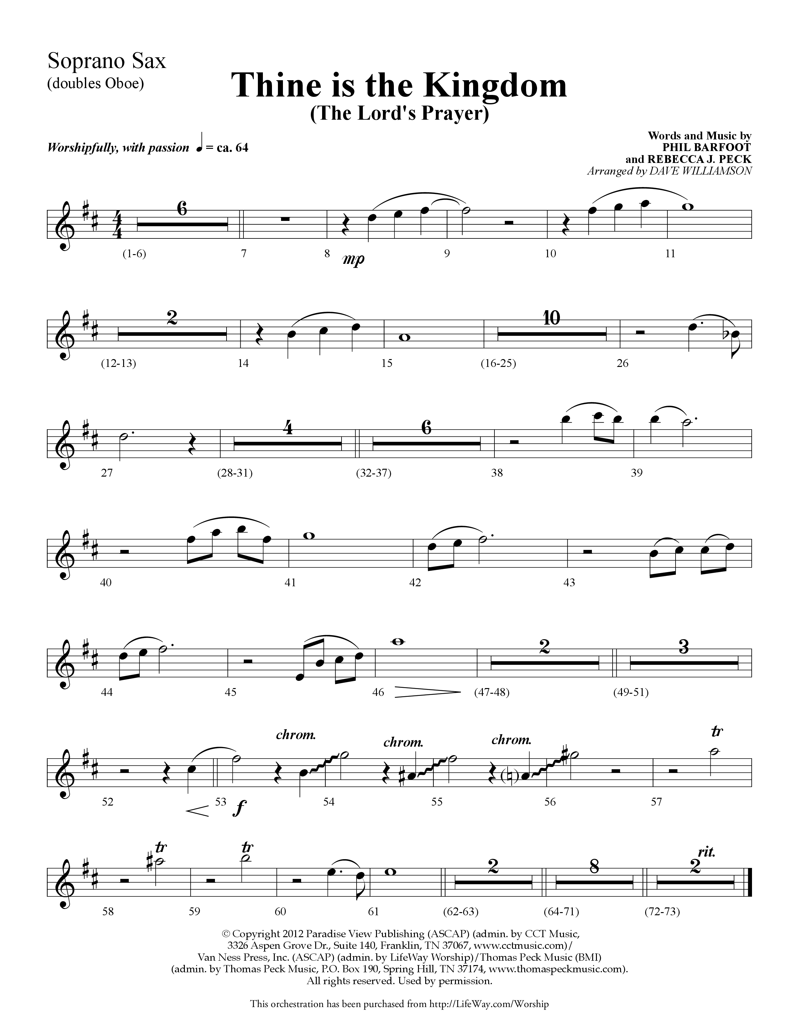 Thine is the Kingdom (The Lord's Prayer) (Choral Anthem SATB) Soprano Sax (Lifeway Choral / Arr. Dave Williamson)