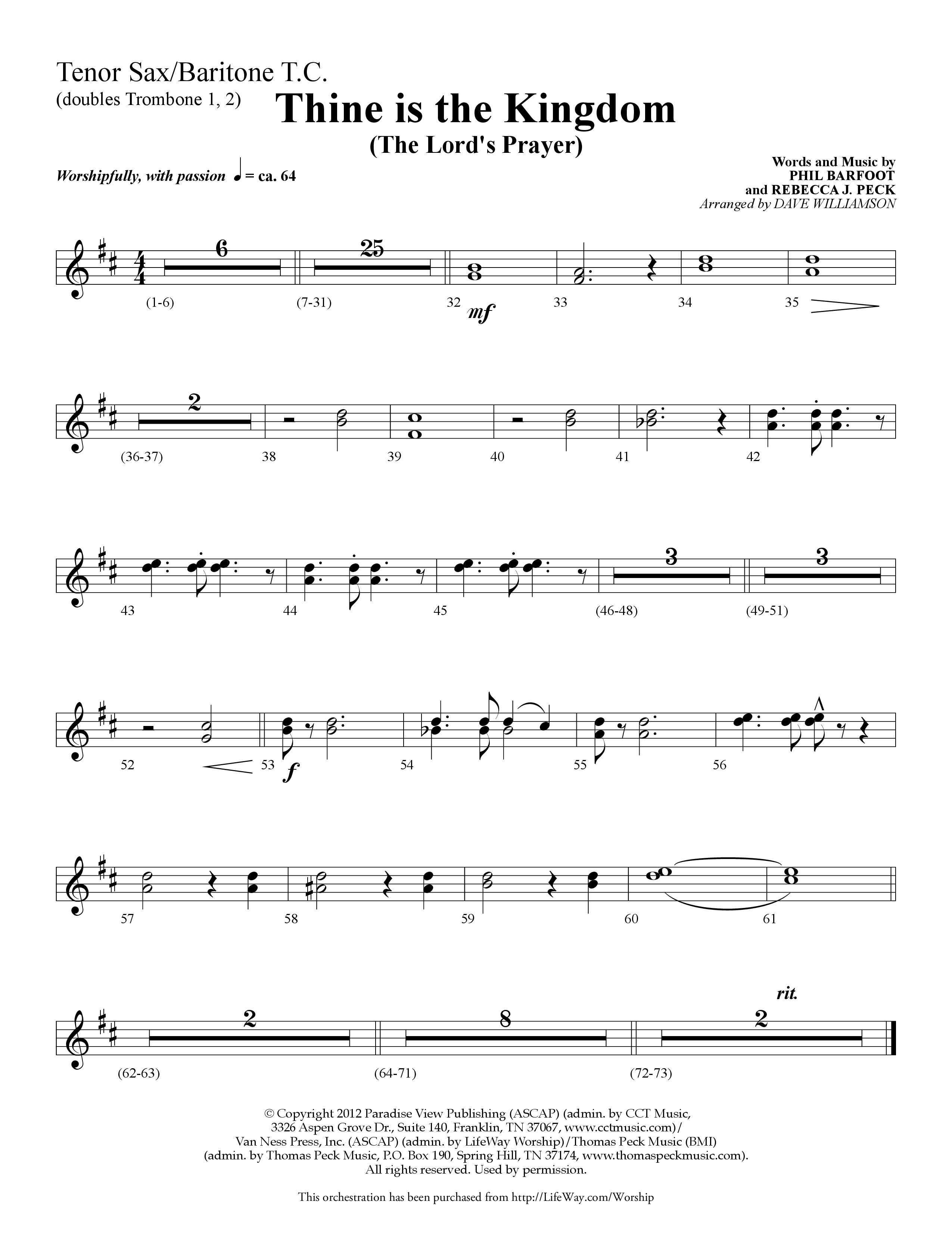 Thine is the Kingdom (The Lord's Prayer) (Choral Anthem SATB) Tenor Sax/Baritone T.C. (Lifeway Choral / Arr. Dave Williamson)