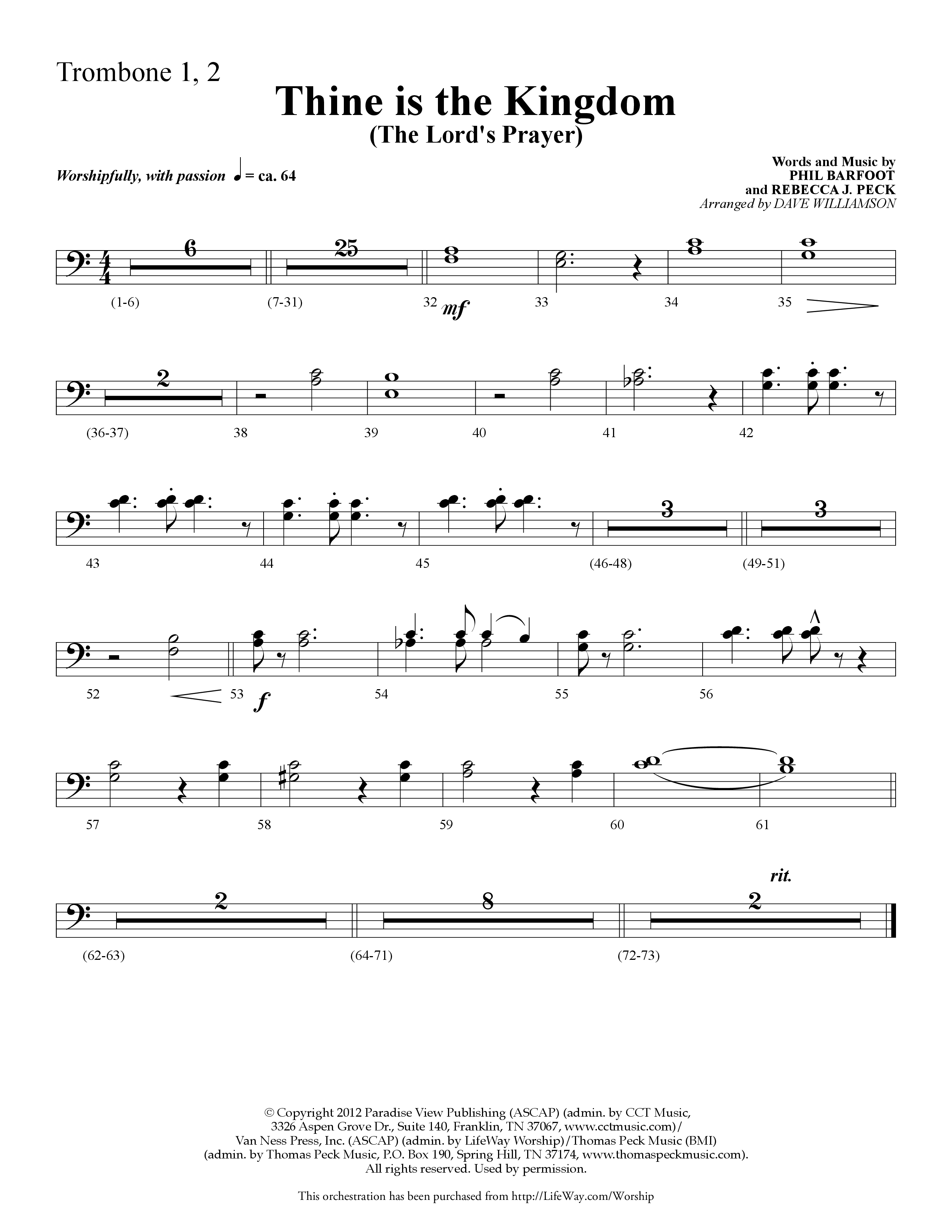 Thine is the Kingdom (The Lord's Prayer) (Choral Anthem SATB) Trombone 1/2 (Lifeway Choral / Arr. Dave Williamson)