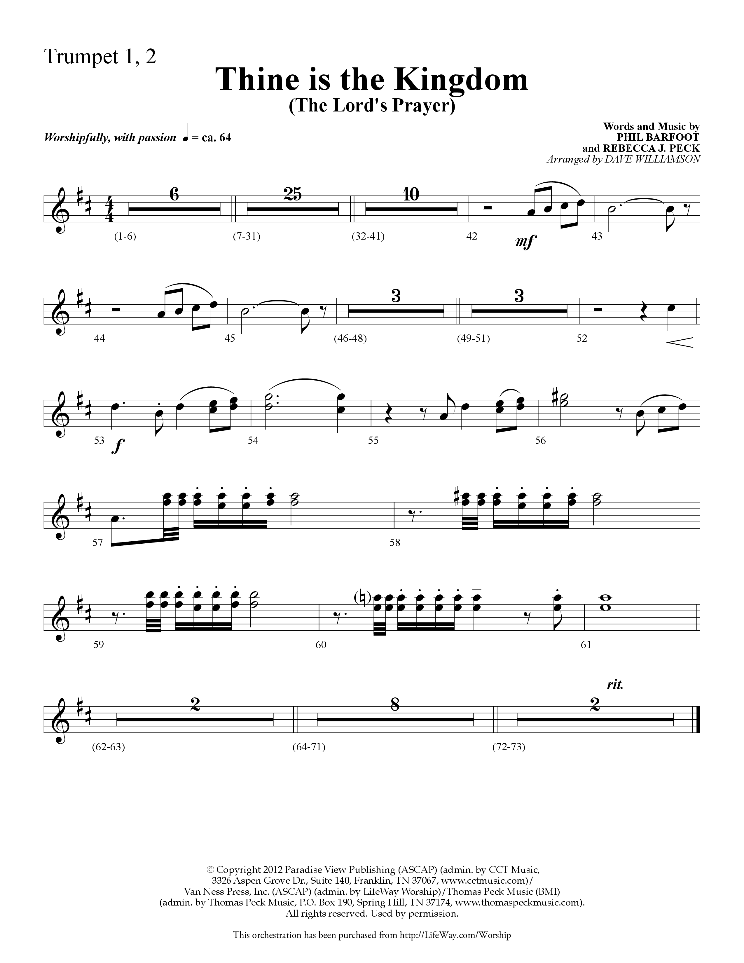 Thine is the Kingdom (The Lord's Prayer) (Choral Anthem SATB) Trumpet 1,2 (Lifeway Choral / Arr. Dave Williamson)