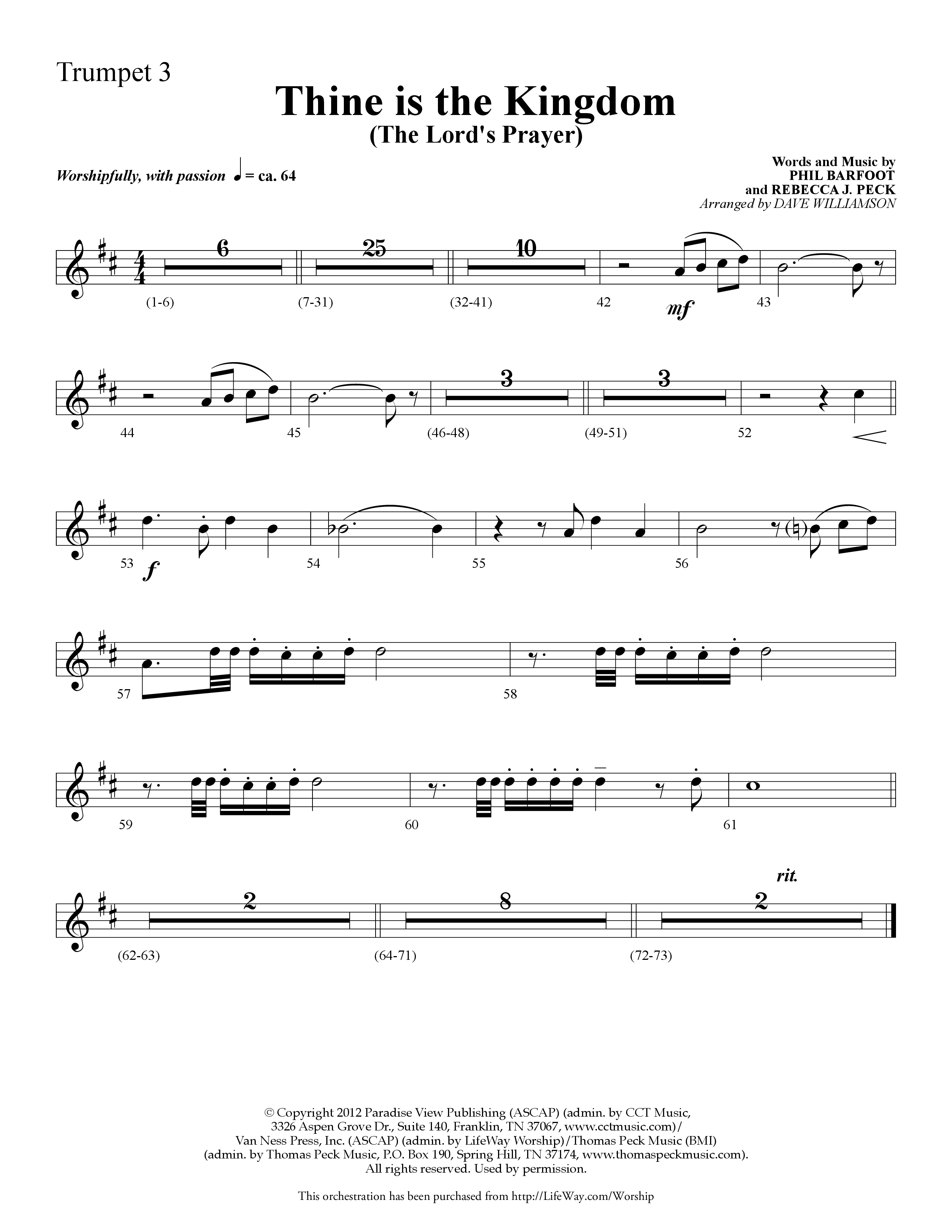 Thine is the Kingdom (The Lord's Prayer) (Choral Anthem SATB) Trumpet 3 (Lifeway Choral / Arr. Dave Williamson)
