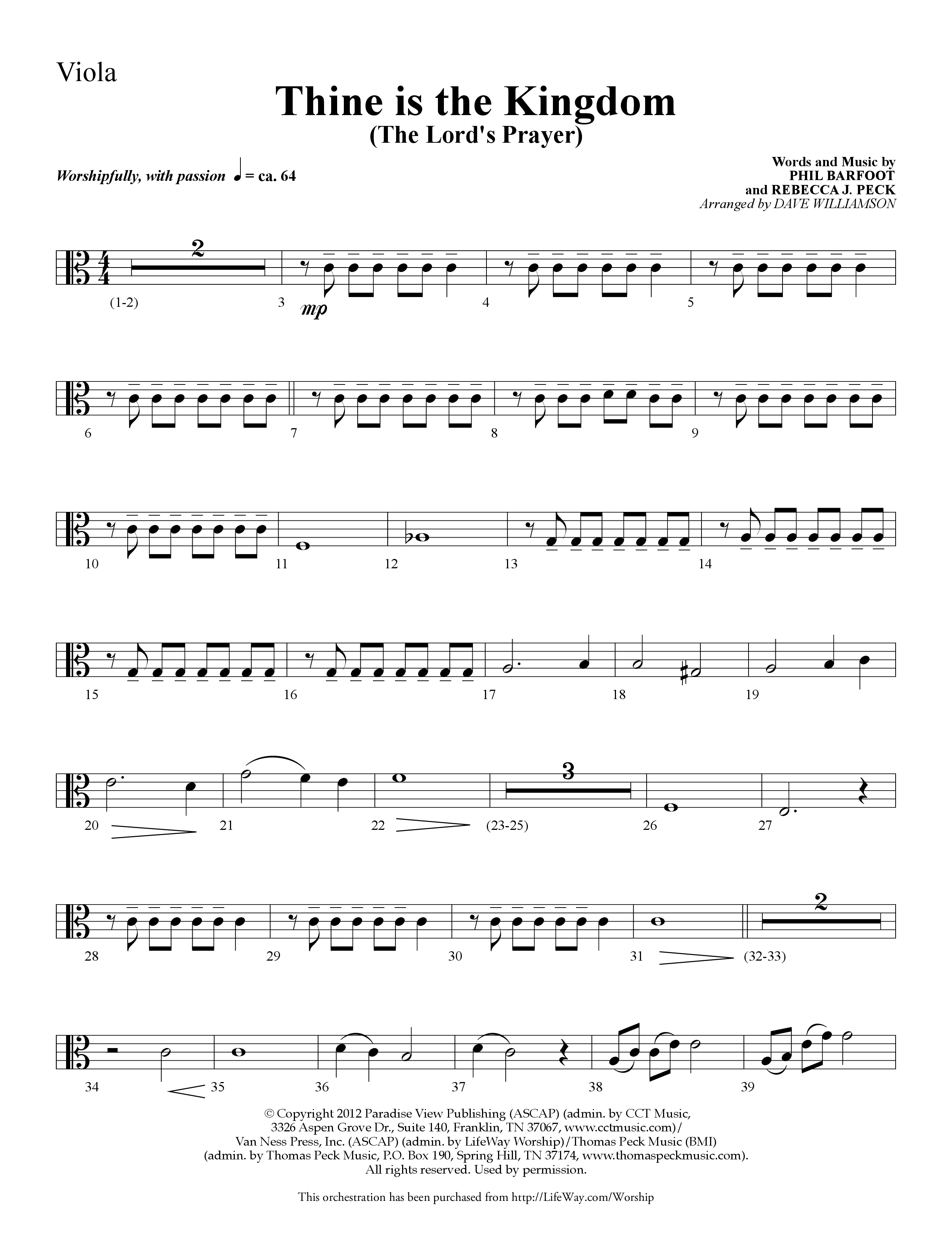Thine is the Kingdom (The Lord's Prayer) (Choral Anthem SATB) Viola (Lifeway Choral / Arr. Dave Williamson)