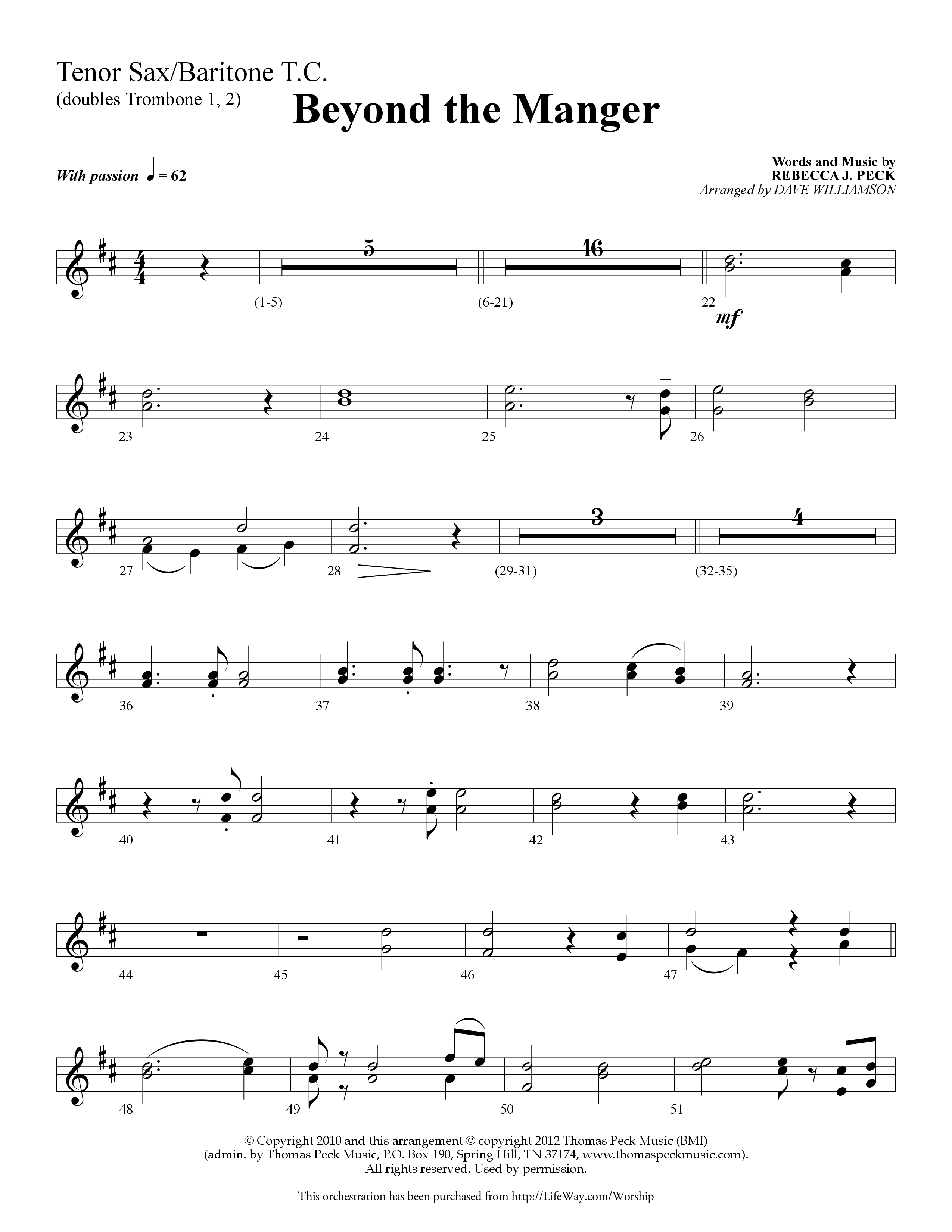 Beyond the Manger (Choral Anthem SATB) Tenor Sax/Baritone T.C. (Lifeway Choral / Arr. Dave Williamson)