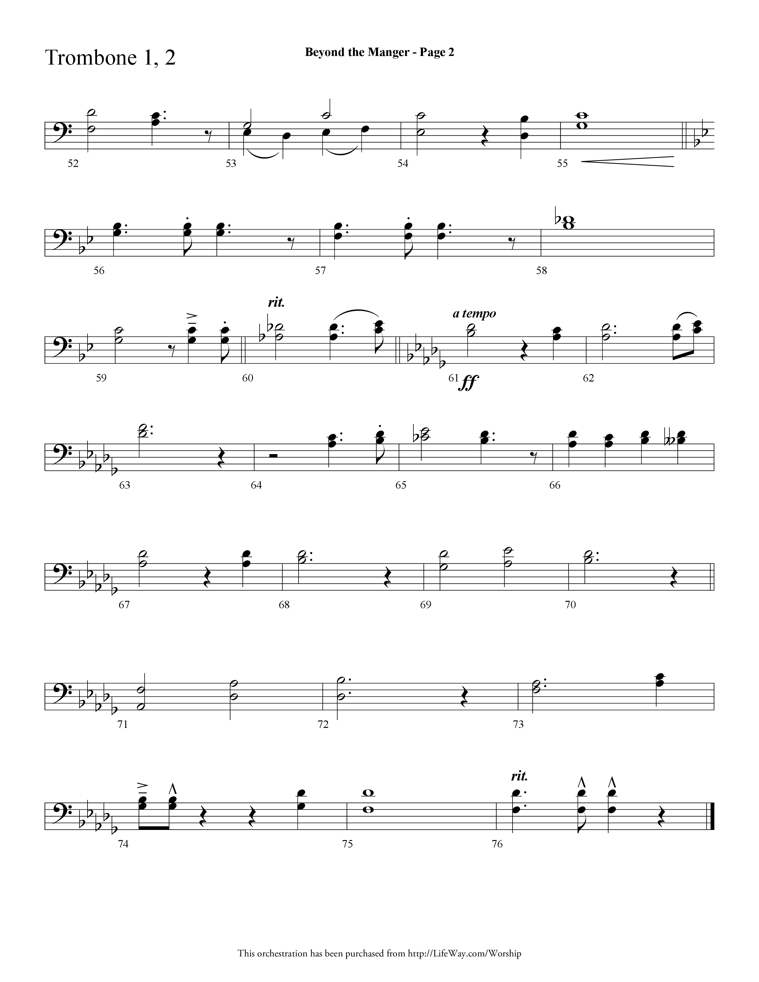 Beyond the Manger (Choral Anthem SATB) Trombone 1/2 (Lifeway Choral / Arr. Dave Williamson)