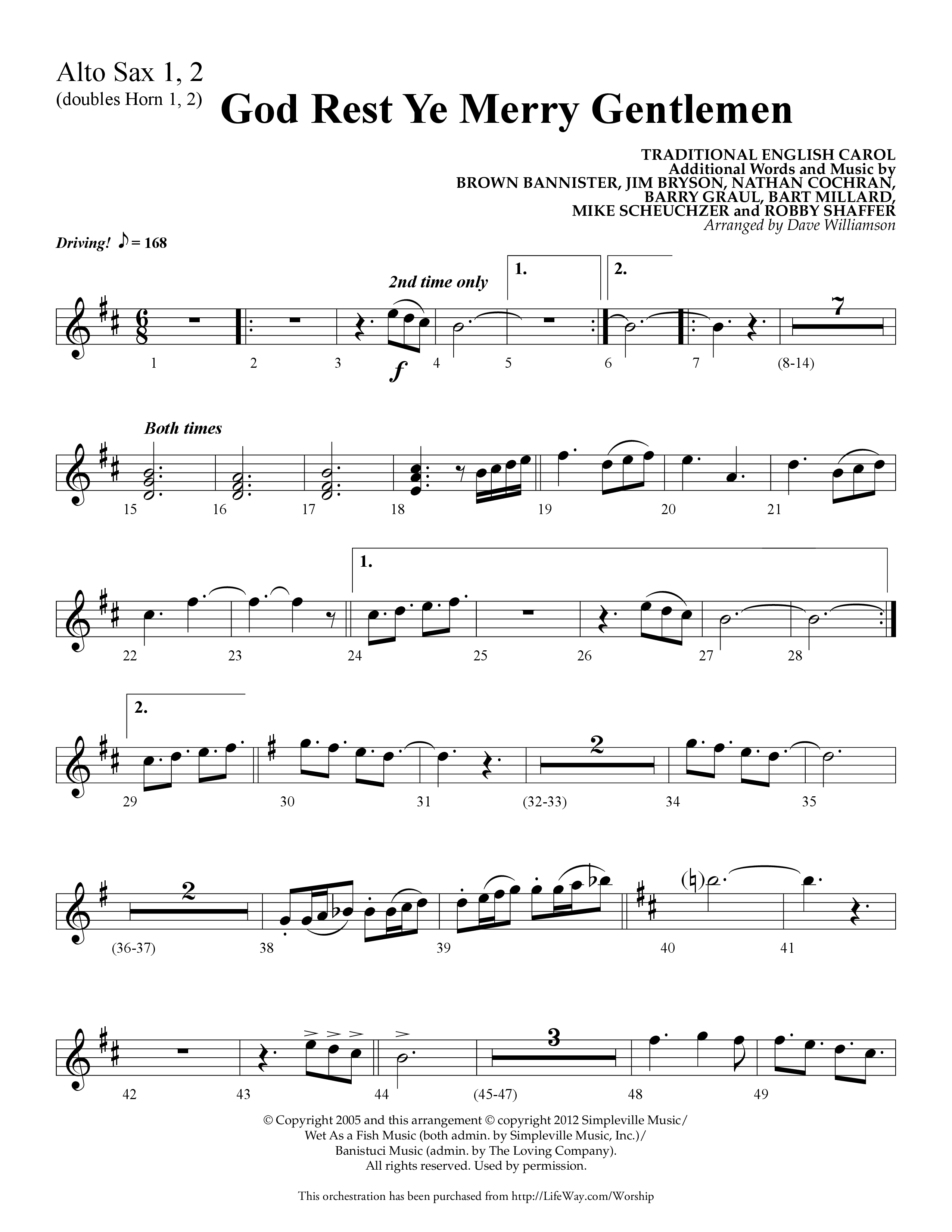 God Rest Ye Merry Gentlemen (Choral Anthem SATB) Alto Sax 1/2 (Lifeway Choral / Arr. Dave Williamson)