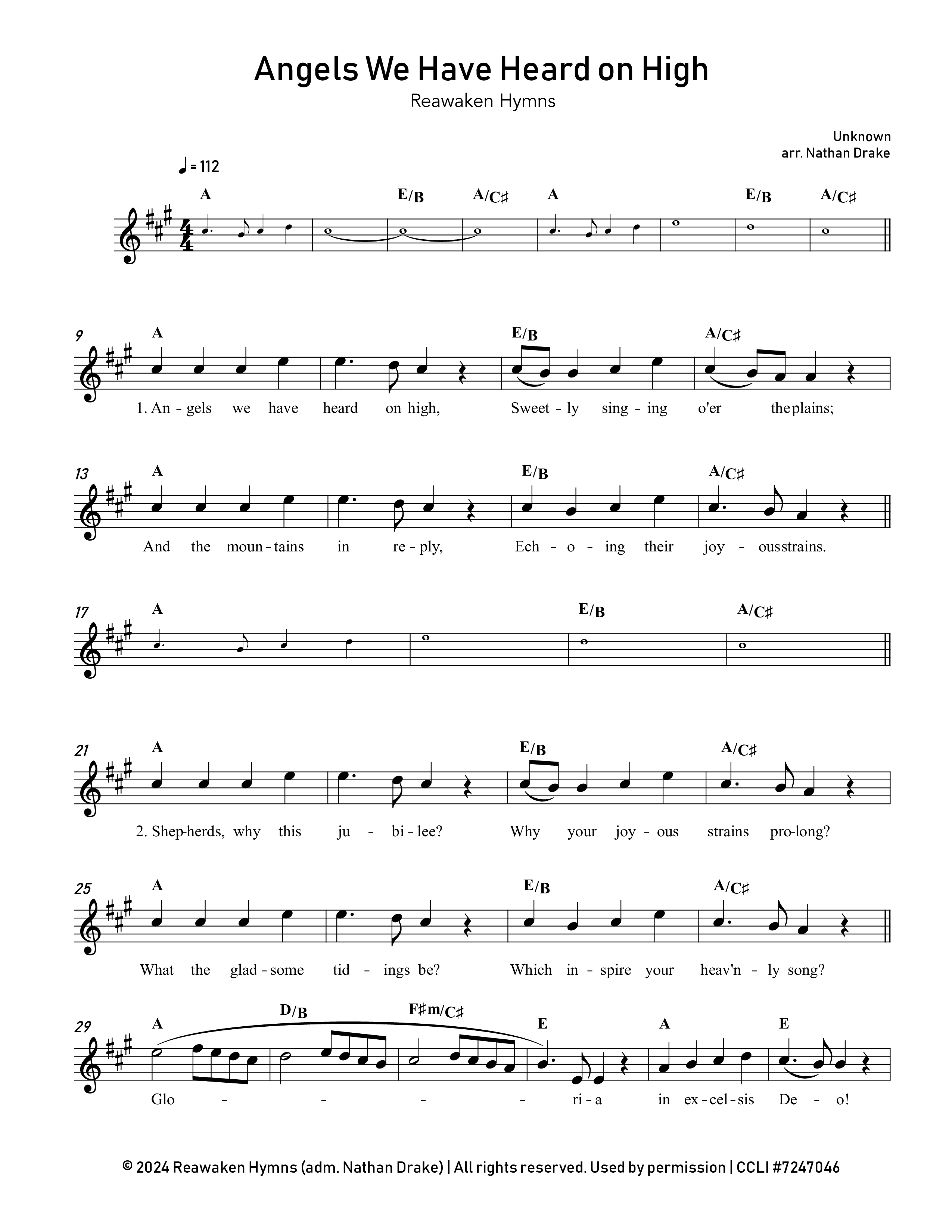 Angels We Have Heard On High Lead Sheet Melody (Reawaken Hymns)