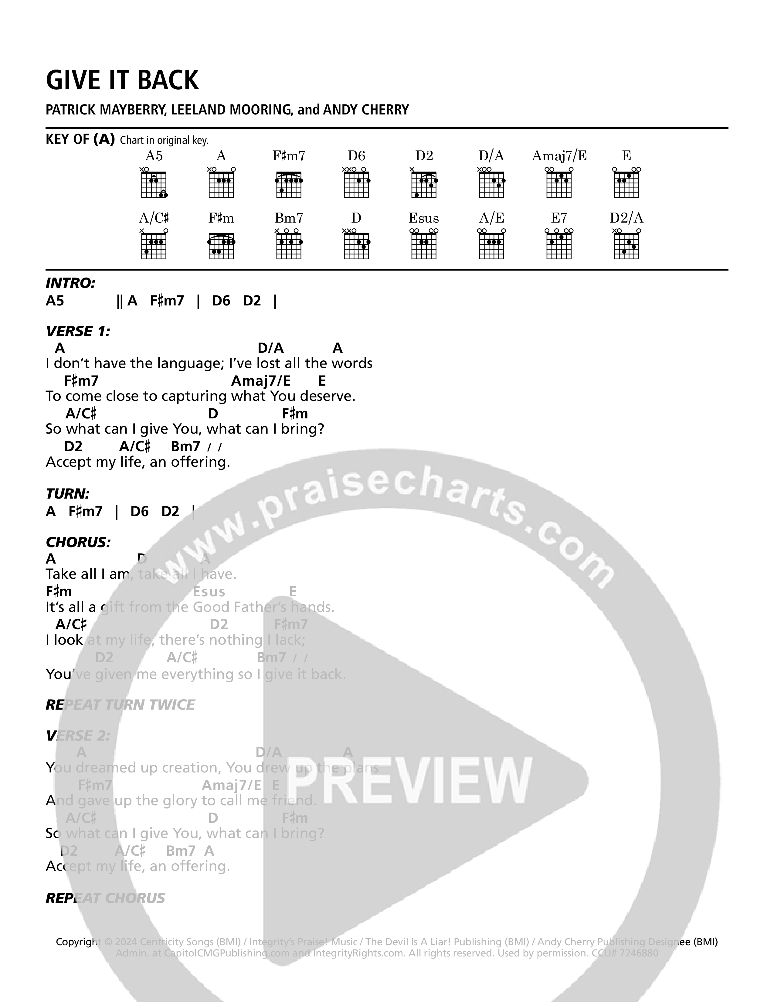 Give It Back (Live) Chord Chart (Patrick Mayberry)