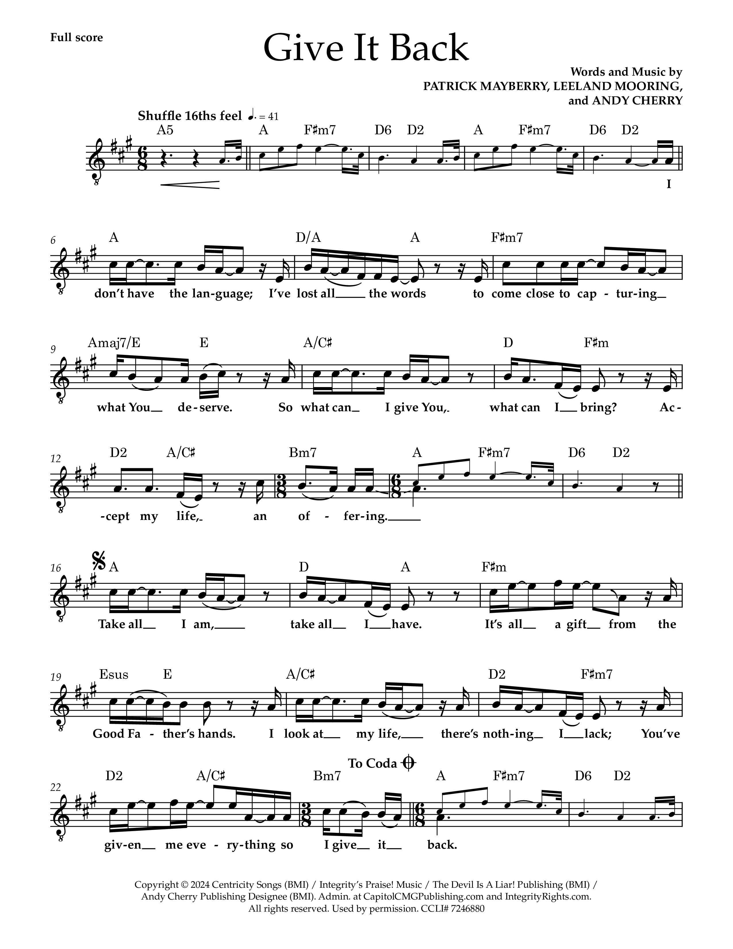 Give It Back (Live) Lead Sheet Melody (Patrick Mayberry)