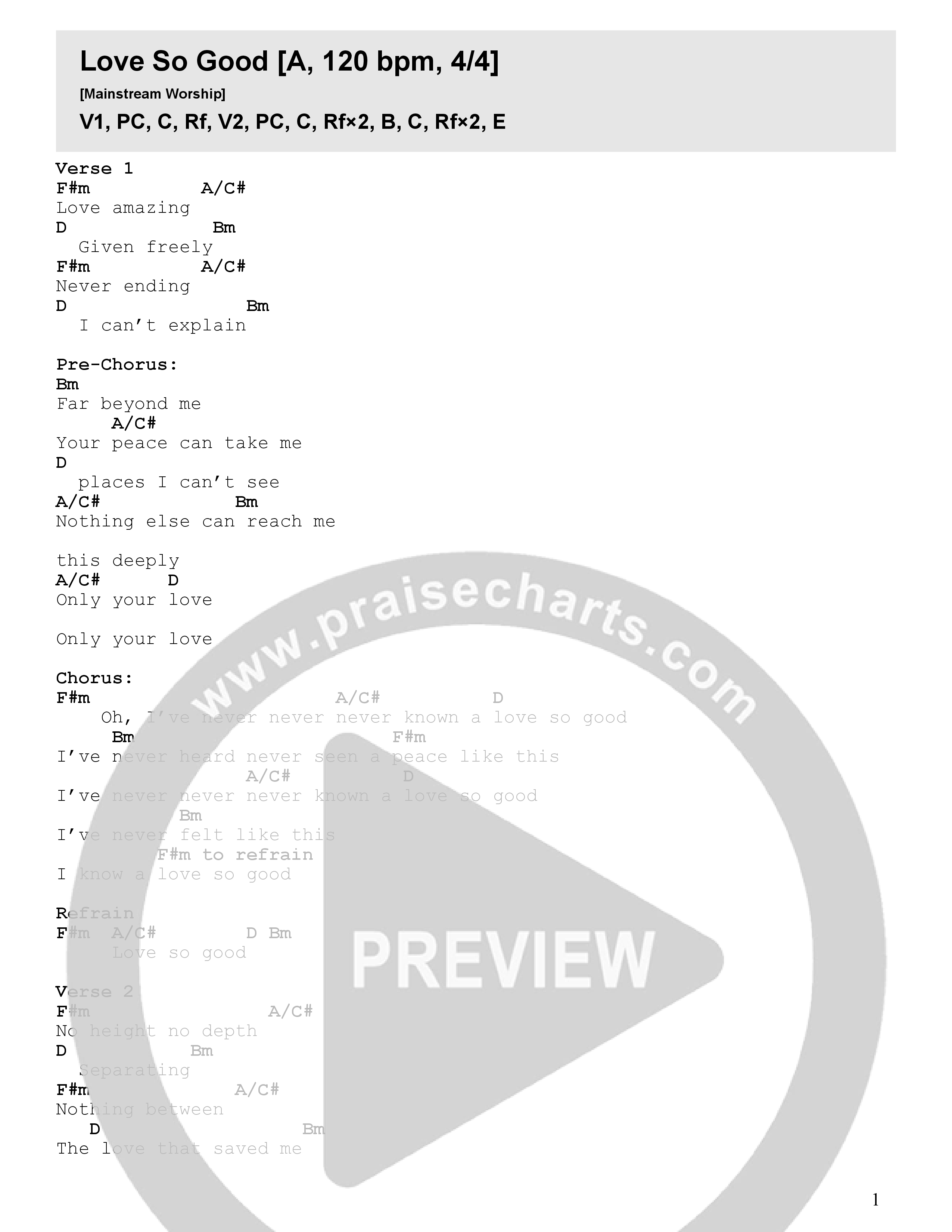 Love So Good Chord Chart (Mainstream Worship / Yanco)