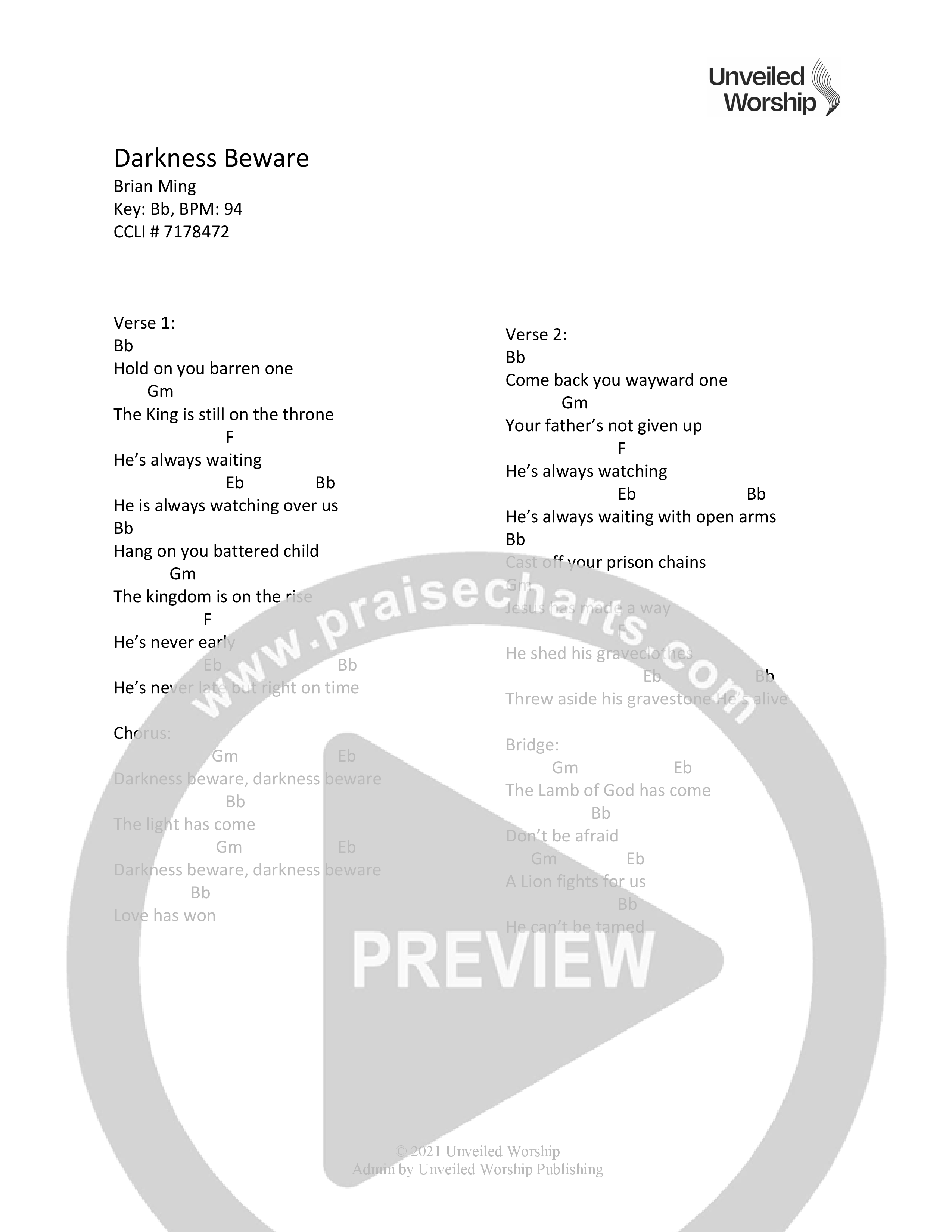 Darkness Beware Chord Chart (Unveiled Worship)