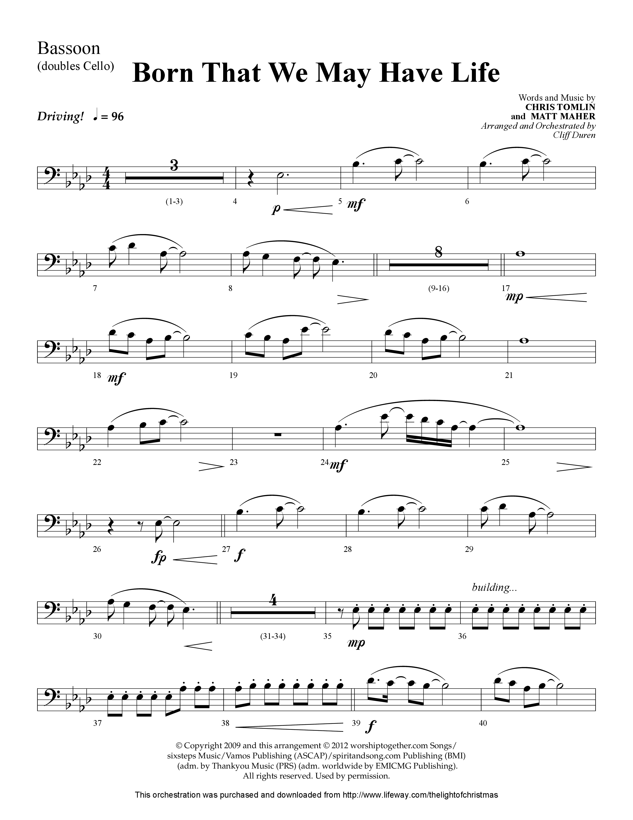 Born That We May Have Life (Choral Anthem SATB) Bassoon (Lifeway Choral / Arr. Cliff Duren)
