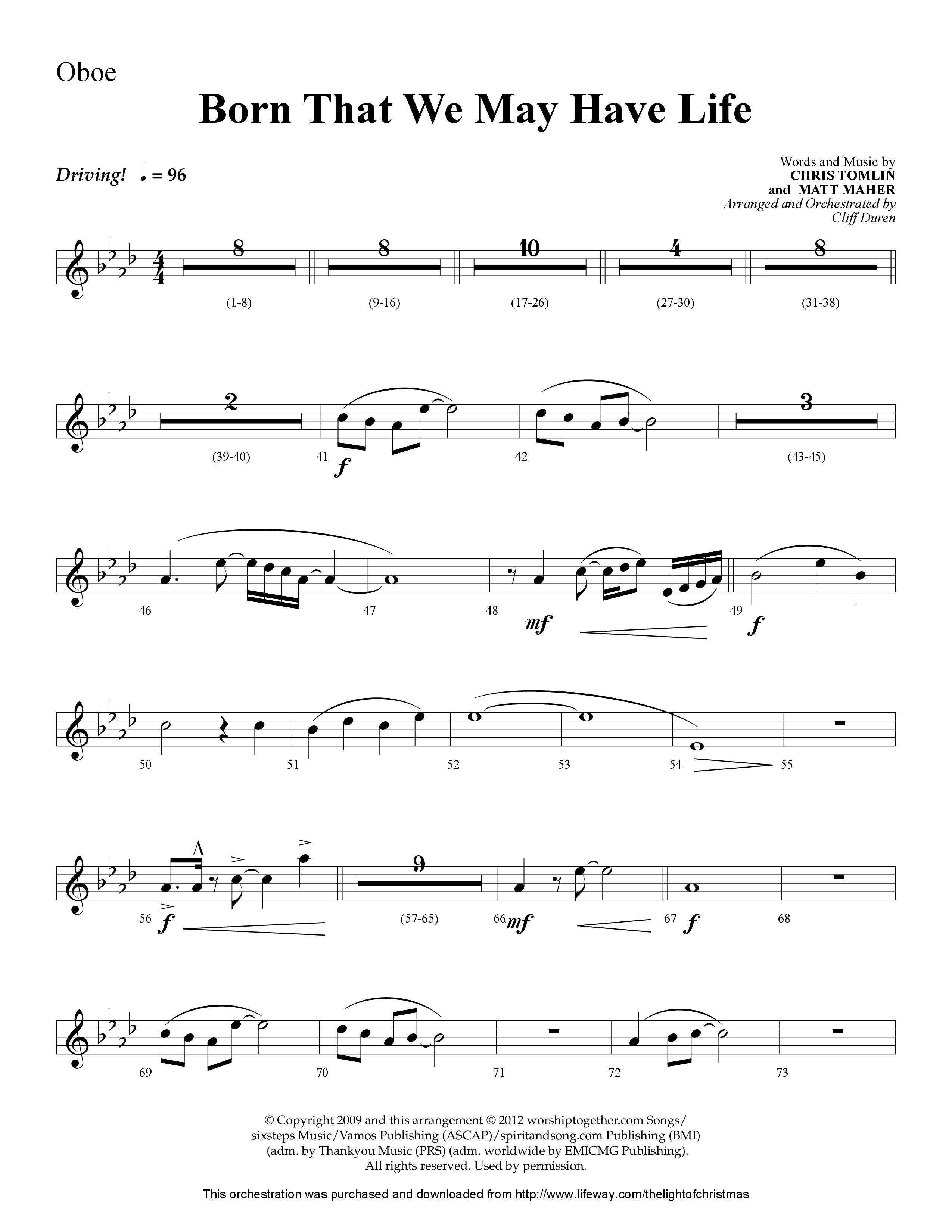 Born That We May Have Life (Choral Anthem SATB) Oboe (Lifeway Choral / Arr. Cliff Duren)