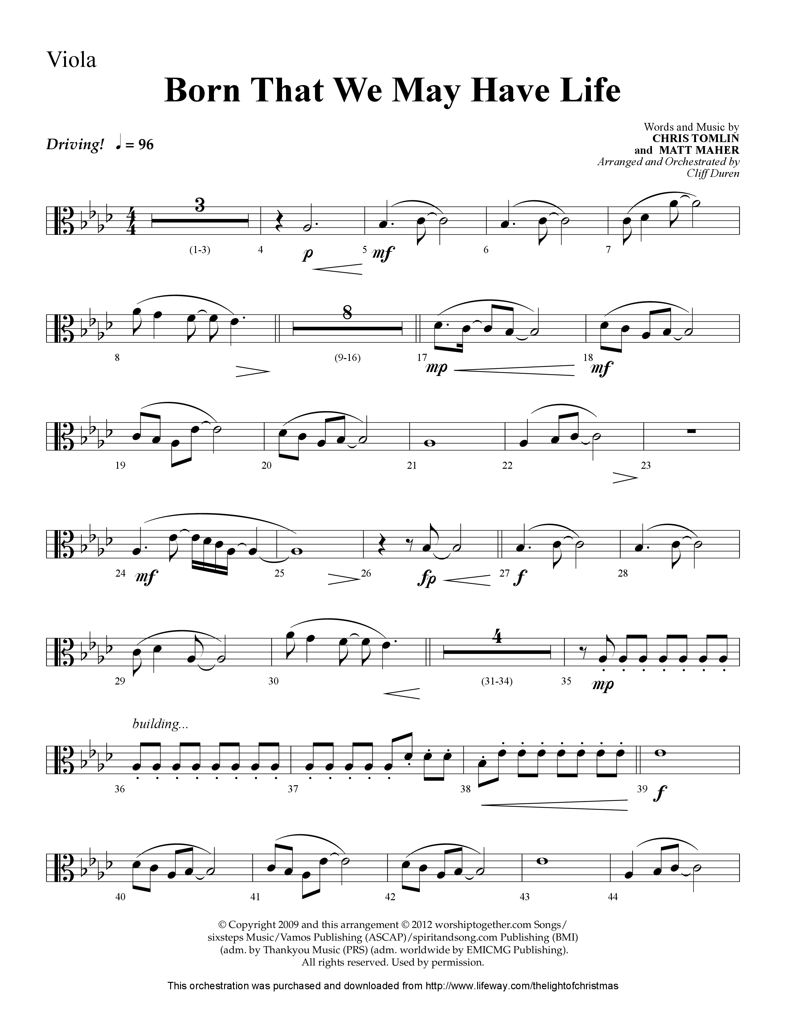 Born That We May Have Life (Choral Anthem SATB) Viola (Lifeway Choral / Arr. Cliff Duren)