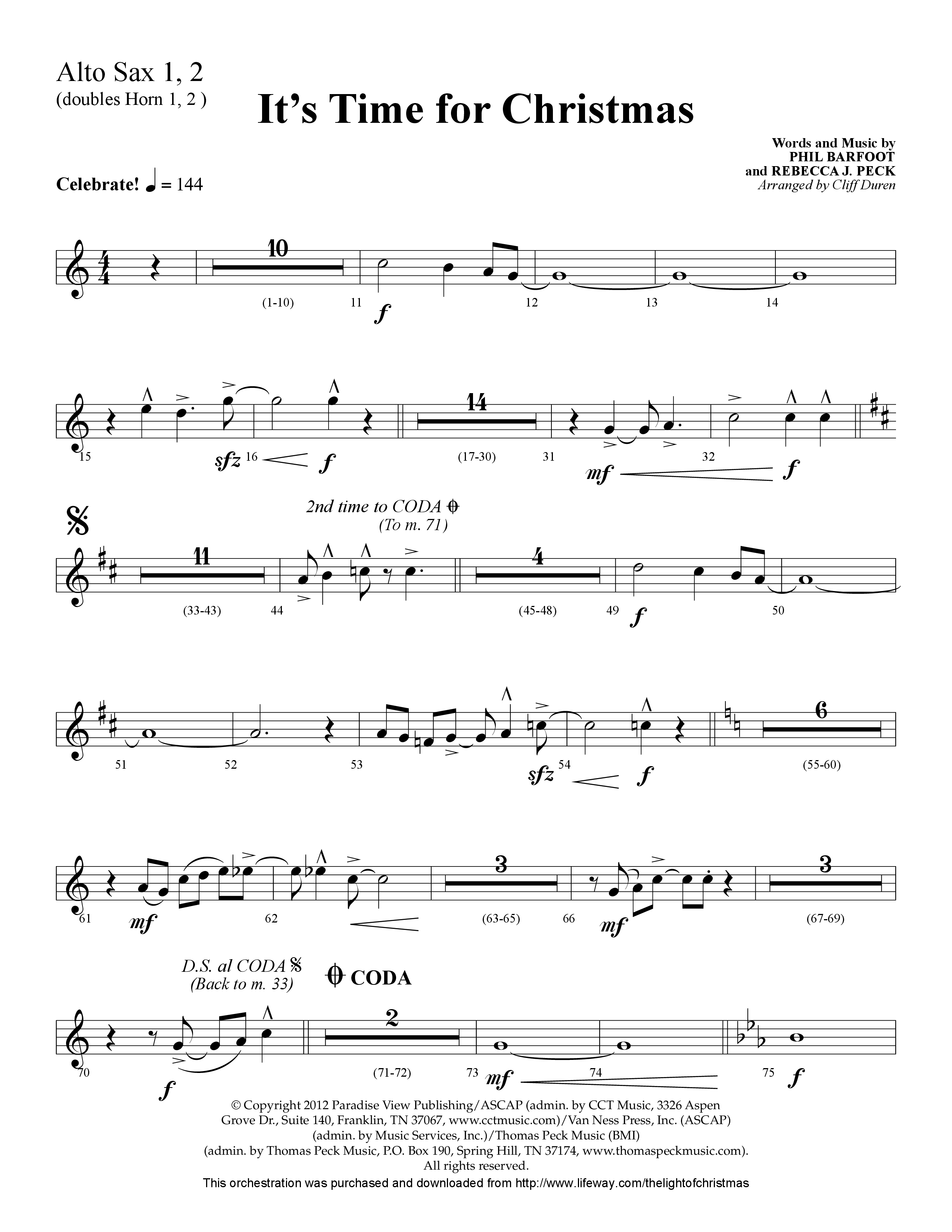 It's Time For Christmas (Choral Anthem SATB) Alto Sax 1/2 (Lifeway Choral / Arr. Cliff Duren)
