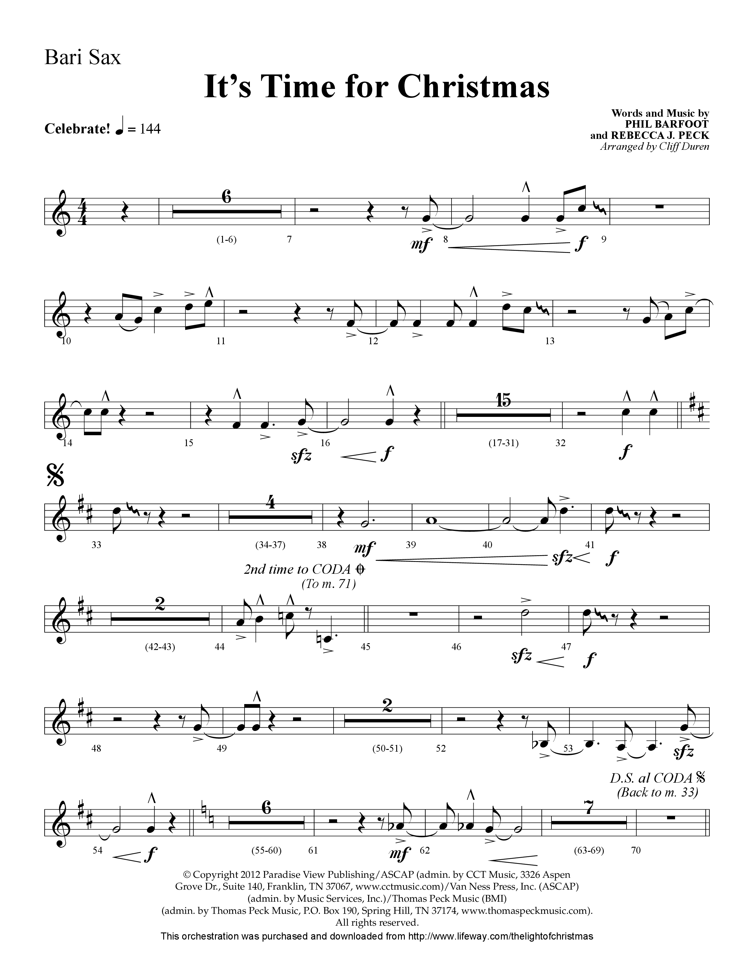 It's Time For Christmas (Choral Anthem SATB) Bari Sax (Lifeway Choral / Arr. Cliff Duren)