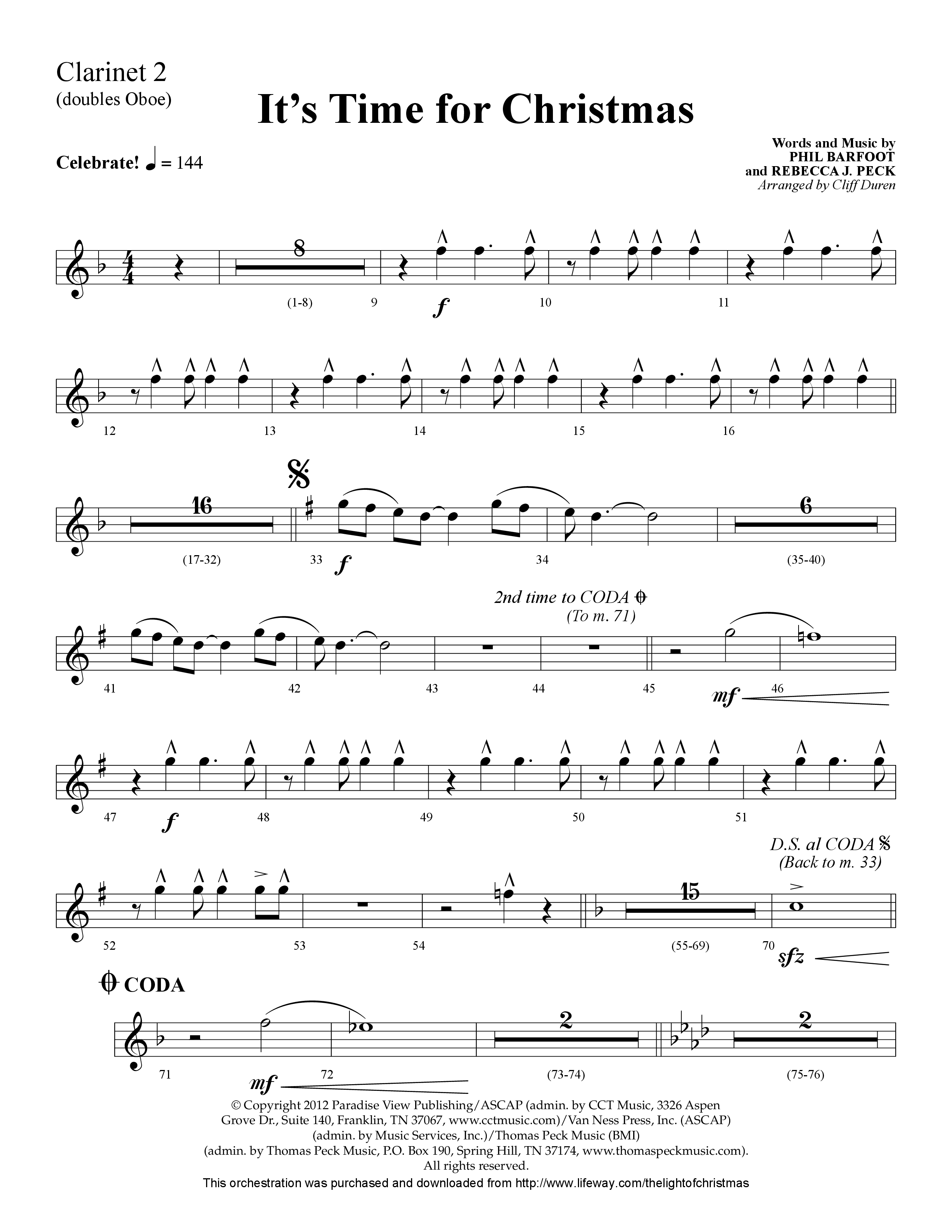 It's Time For Christmas (Choral Anthem SATB) Clarinet 1/2 (Lifeway Choral / Arr. Cliff Duren)