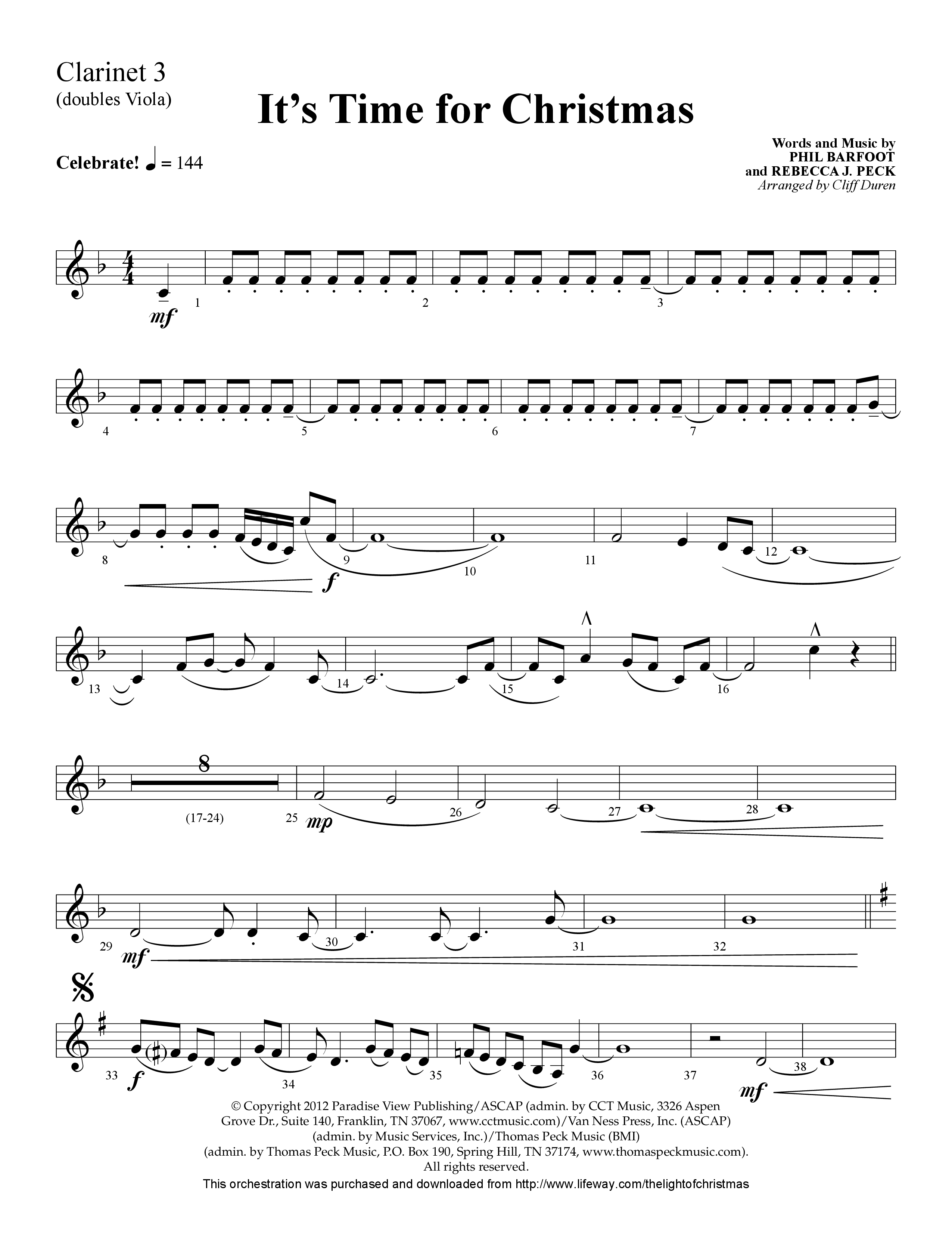 It's Time For Christmas (Choral Anthem SATB) Clarinet 3 (Lifeway Choral / Arr. Cliff Duren)