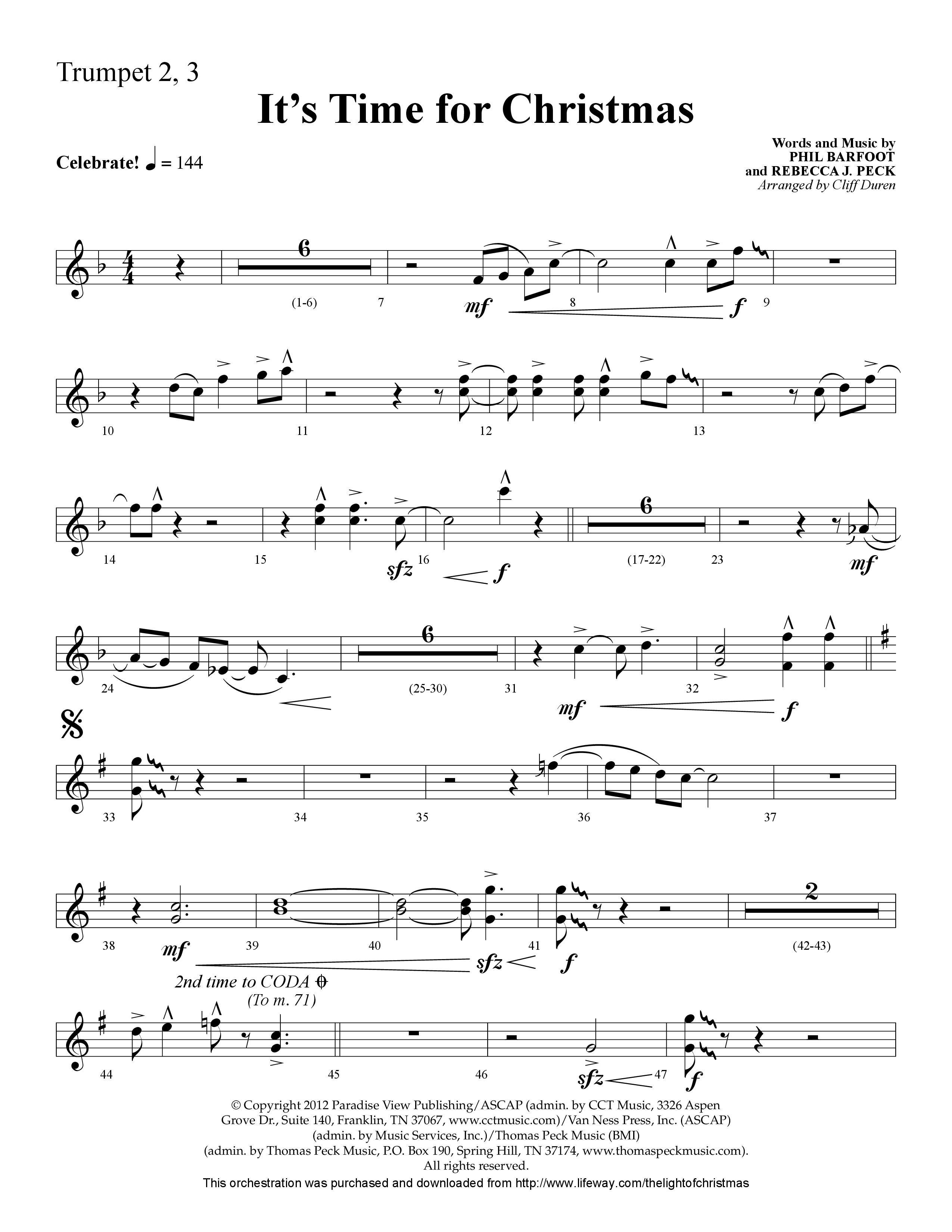 It's Time For Christmas (Choral Anthem SATB) Trumpet 2/3 (Lifeway Choral / Arr. Cliff Duren)