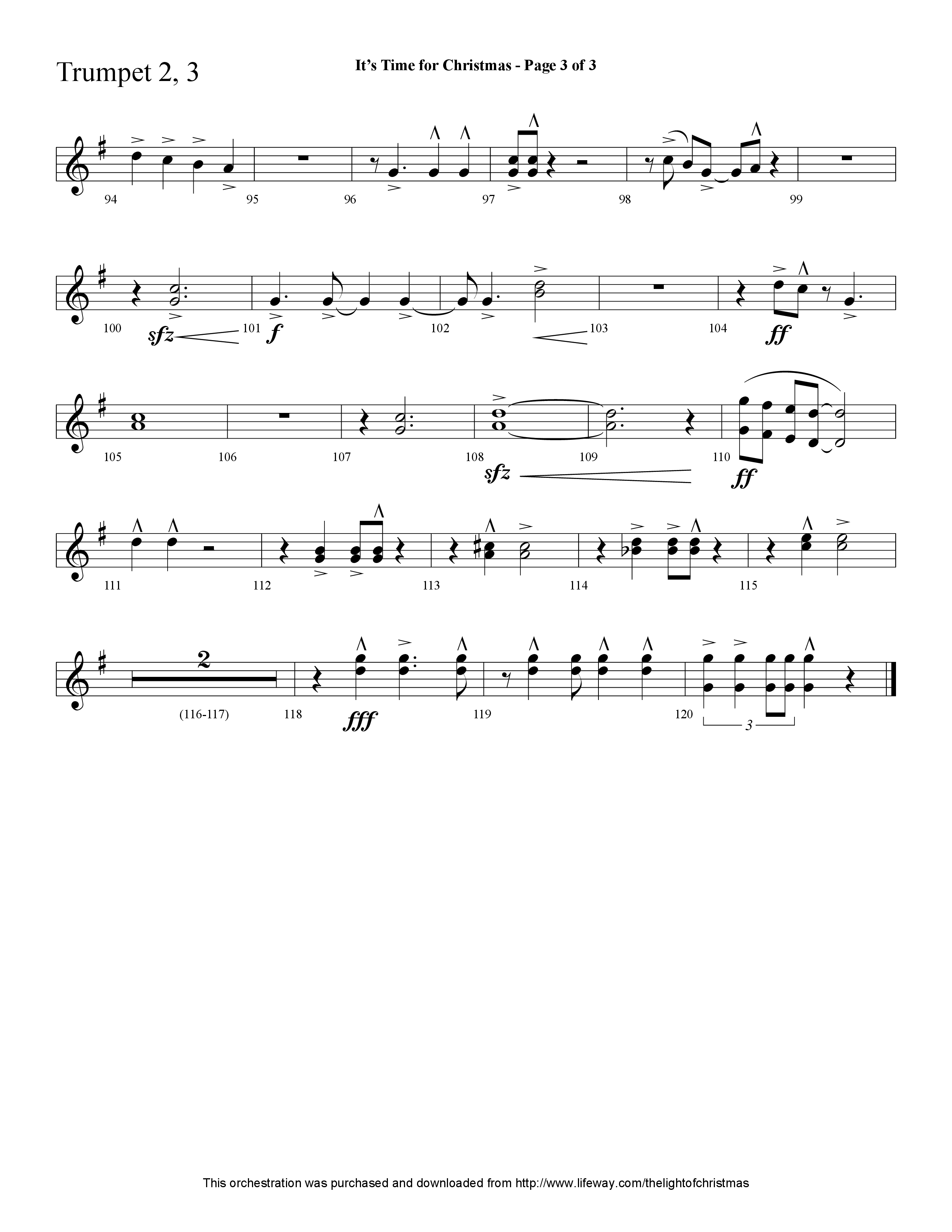 It's Time For Christmas (Choral Anthem SATB) Trumpet 2/3 (Lifeway Choral / Arr. Cliff Duren)