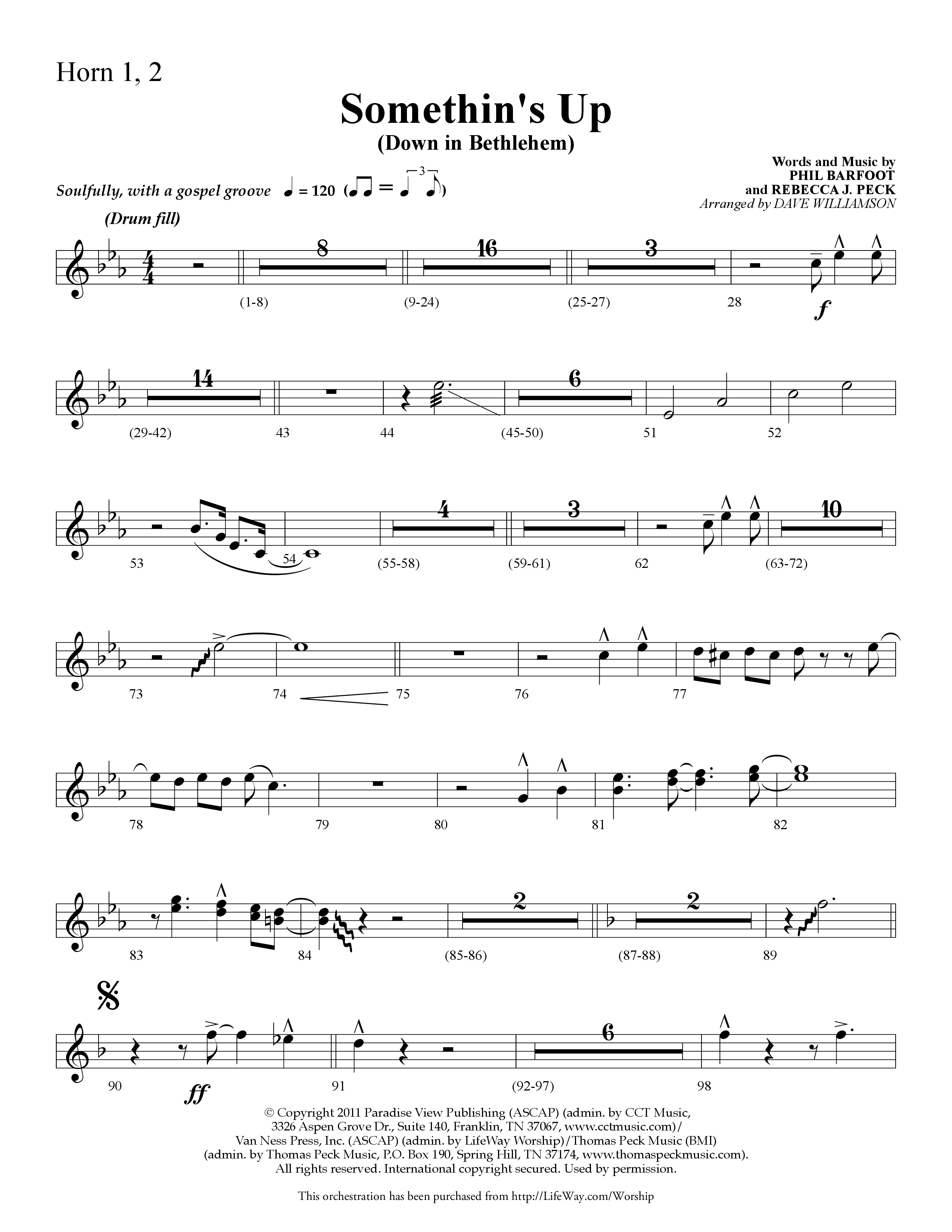 Somethin's Up (Down in Bethlehem) (Choral Anthem SATB) French Horn 1/2 (Lifeway Choral / Arr. Dave Williamson)
